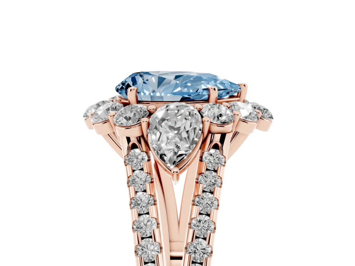 Fancy Blue Pear Cut Halo Split Shank Diamond Engagement Ring with Prong Setting Rose gold