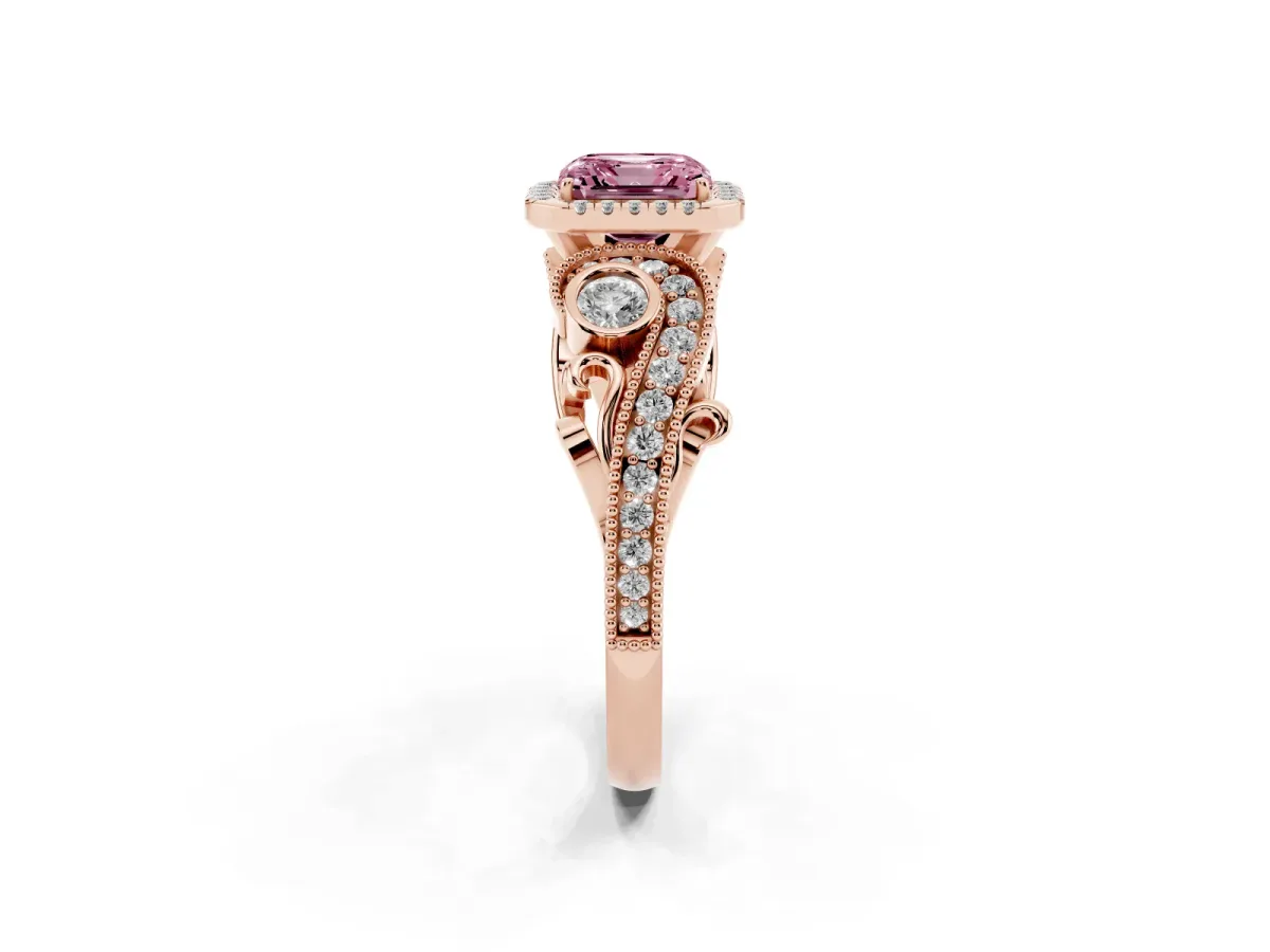 Fancy Pink Asscher Cut Halo Diamond Ring with Milgrain and Bezel Accents on a Split Shank Band Rose gold