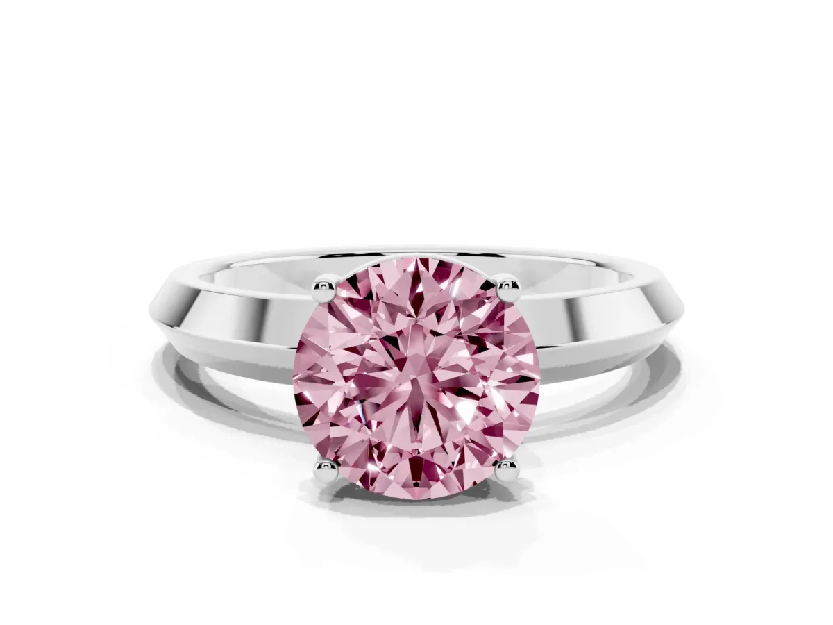 Fancy Pink Round Cut Cut Solitaire Engagement Ring with Flat Band and Four-Prong Setting White gold