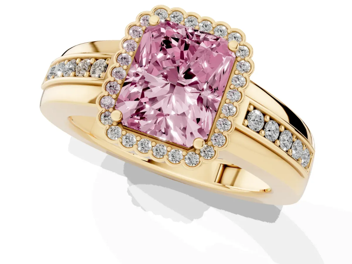 Fancy Pink Radiant Cut Cut Halo Pave Band Four-Prong Ring Yellow gold