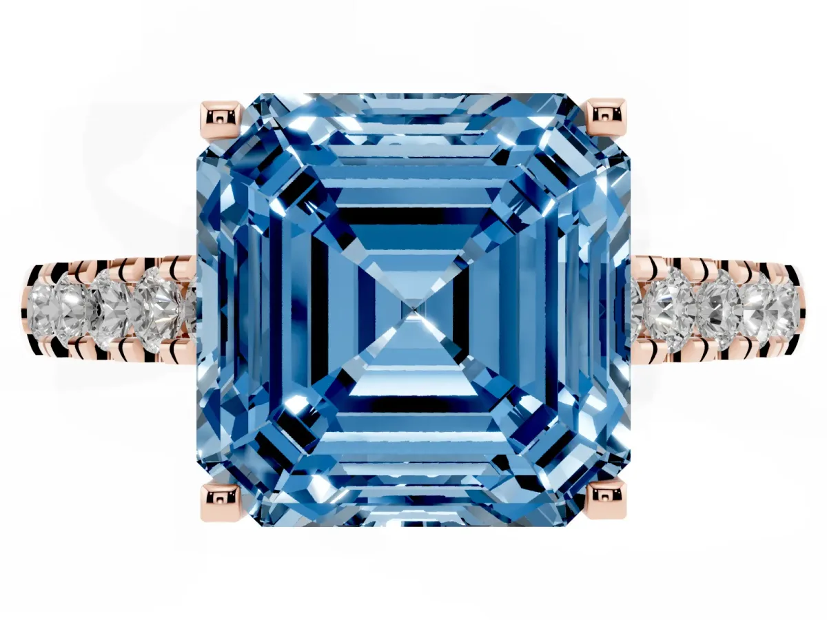 Fancy Blue Asscher Cut Diamond Pavé Band Solitaire Ring with Prong Setting Rose gold