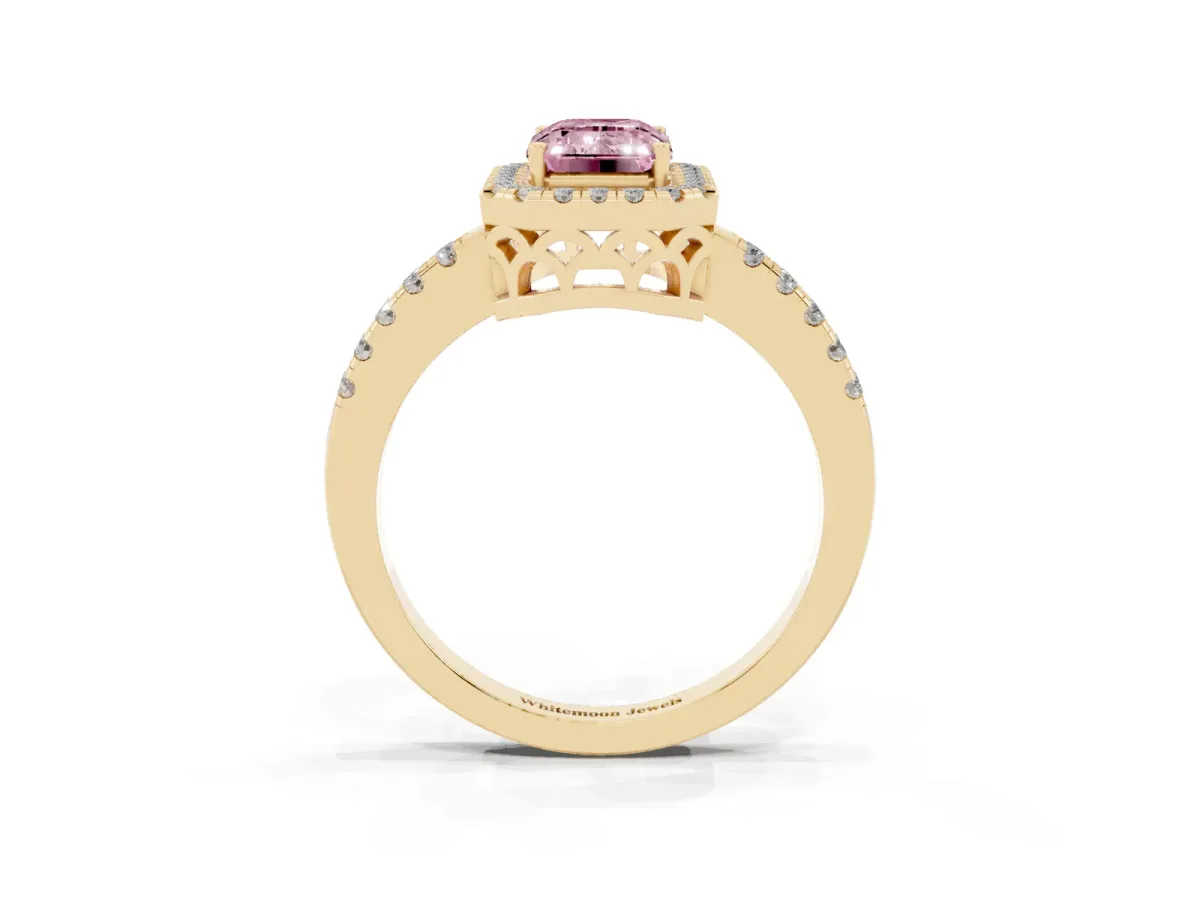 Fancy Pink Emerald Cut Halo Diamond Engagement Ring with Pavé Band and Four-Prong Setting Yellow gold