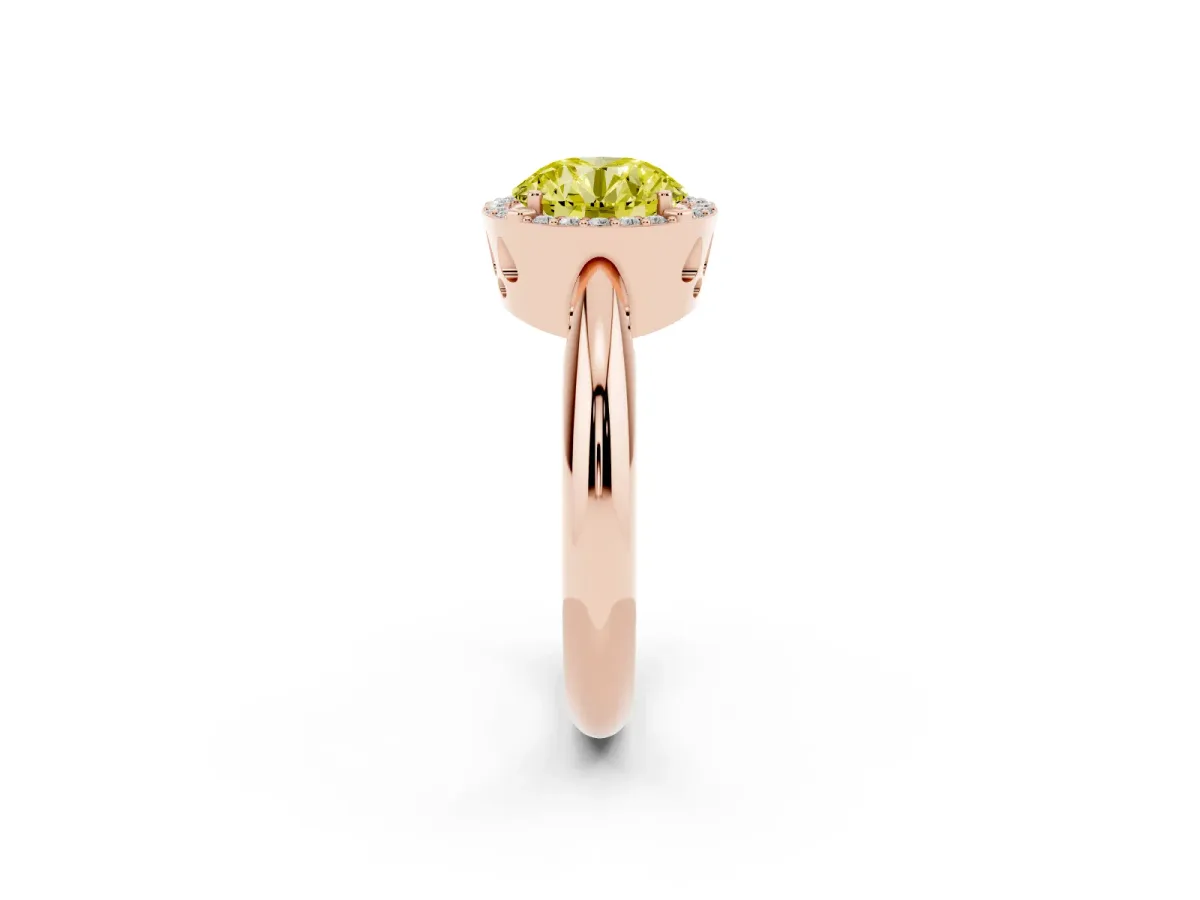 Fancy Yellow Round Cut Cut Diamond Halo Engagement Ring with Split Shank and Four-Prong Setting Rose gold