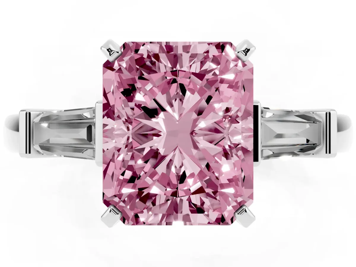 Fancy Pink Radiant Cut Cut Diamond Solitaire Ring with Tapered Baguette Accents and Four-Prong Setting White gold