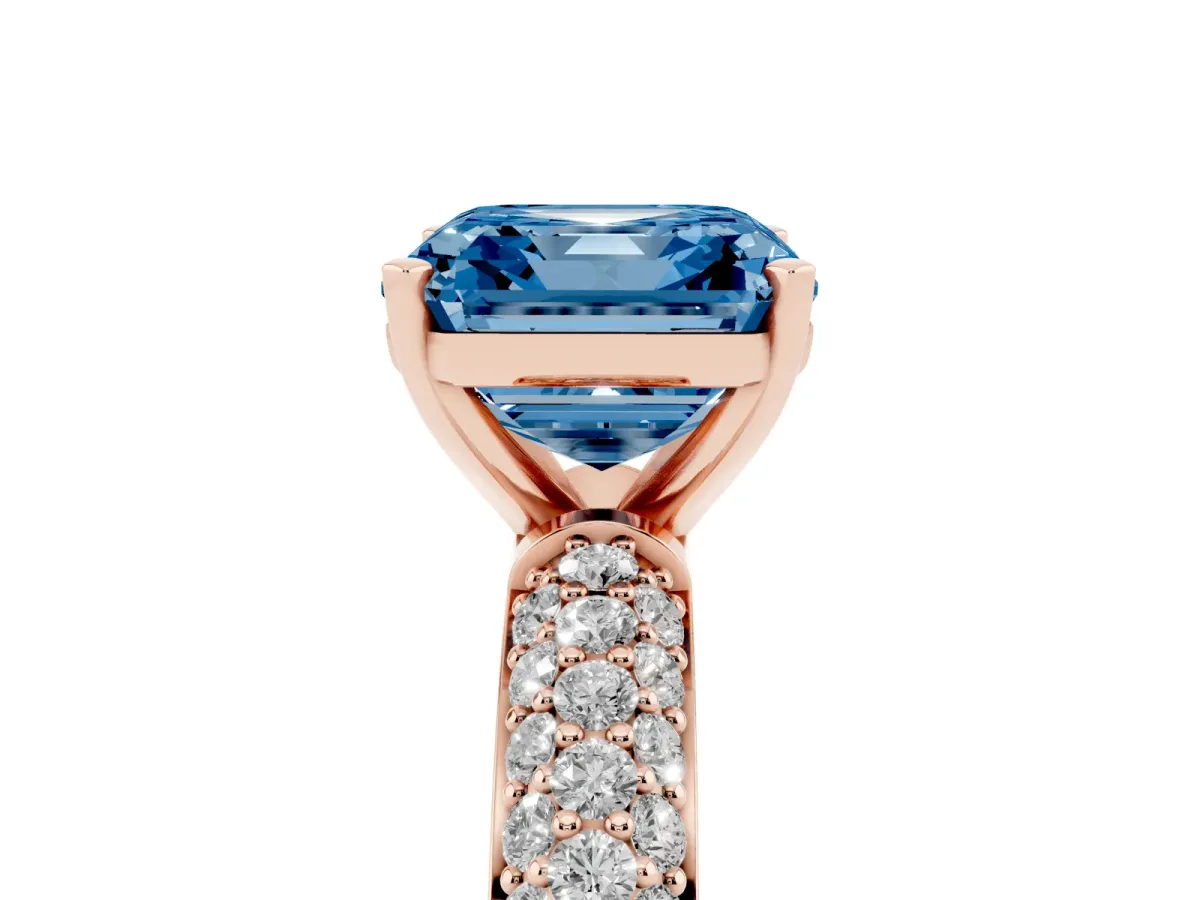 Fancy Blue Asscher Cut Diamond Solitaire Ring with Prong Setting and Pavé Band Rose gold