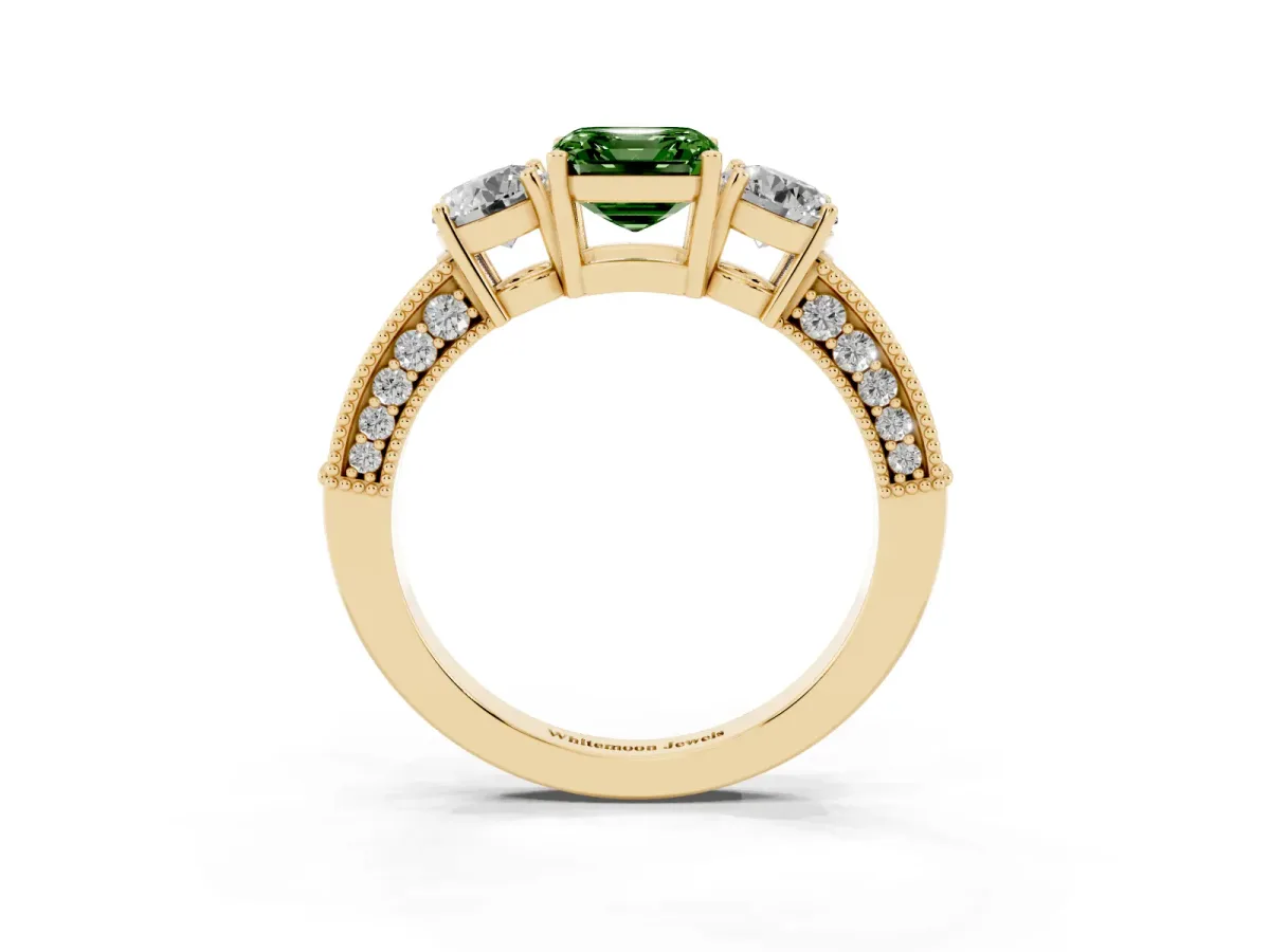 Fancy Green Asscher Cut Three-Stone Diamond Ring with Pavé Band and Four-Prong Setting Yellow gold