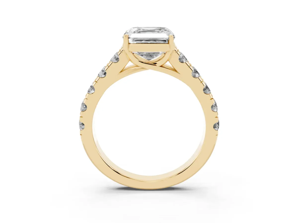 Asscher Cut Cut Diamond Solitaire Ring with Micro Pave Band and Prong Setting Yellow gold