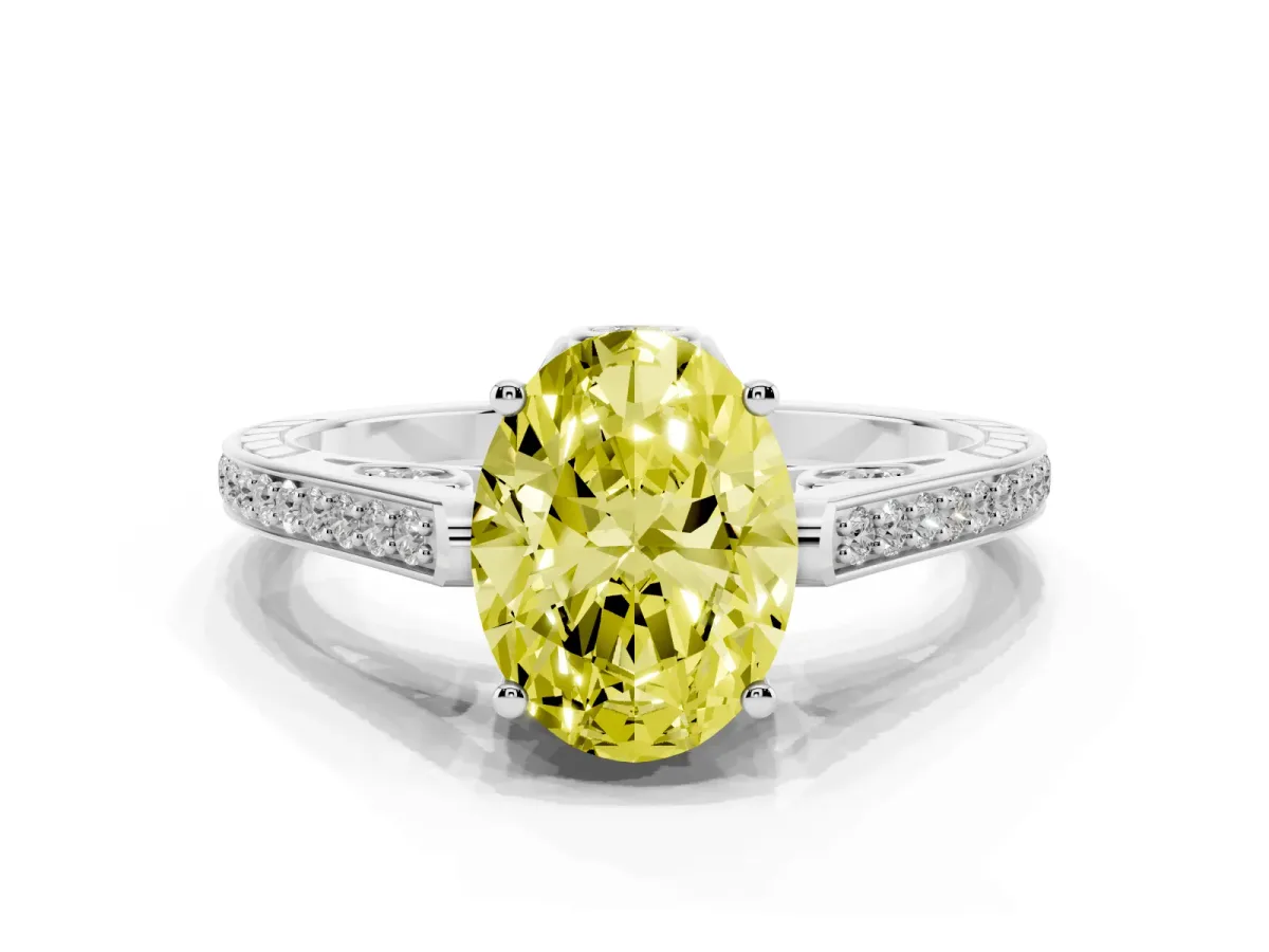 Fancy Yellow Oval Cut Cut Cathedral Pave Diamond Engagement Ring with Six-Prong Setting Silver
