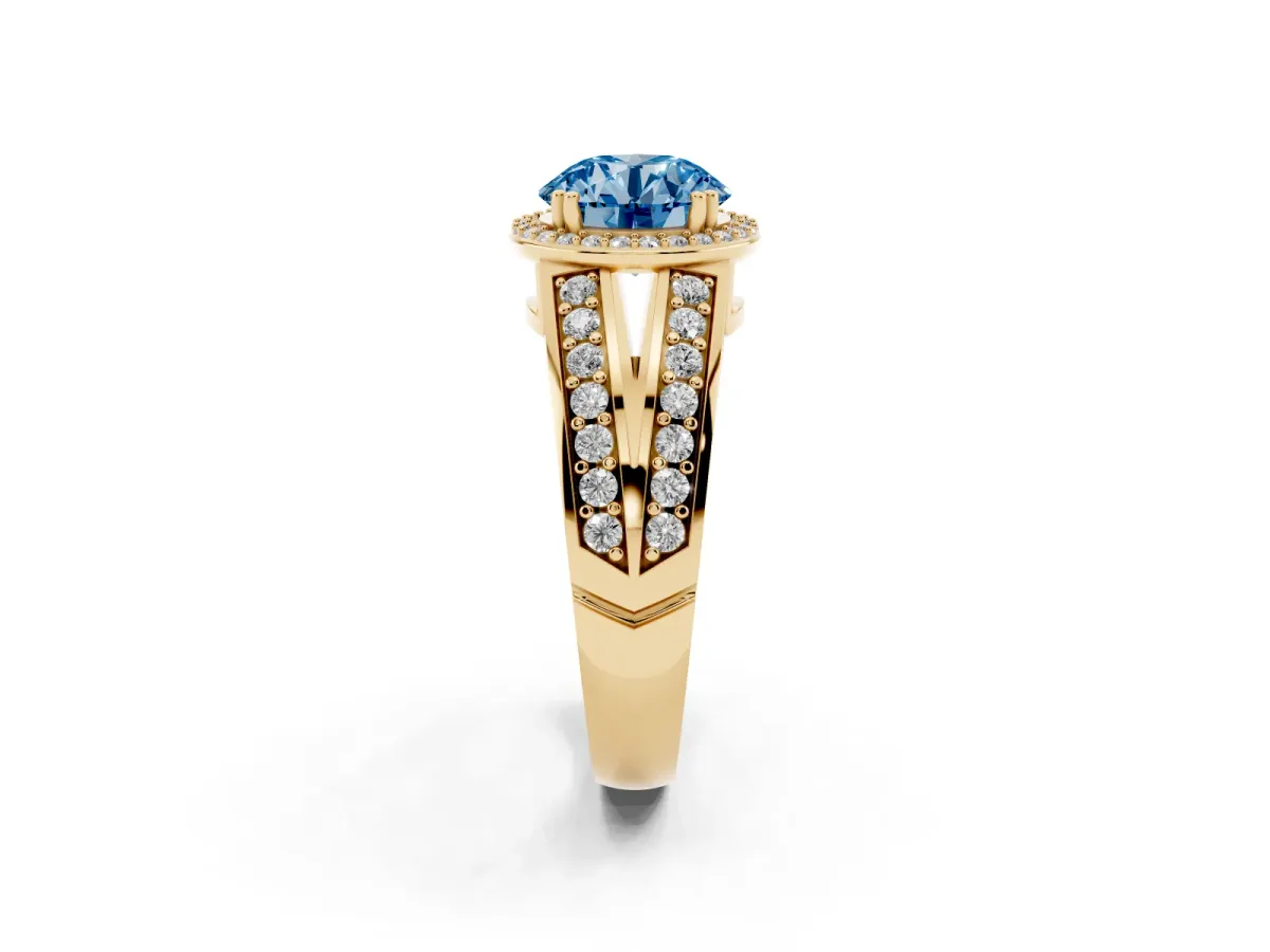 Fancy Blue Round Cut Diamond Halo Ring with Split Shank Pavé Band and Four-Prong Setting Yellow gold