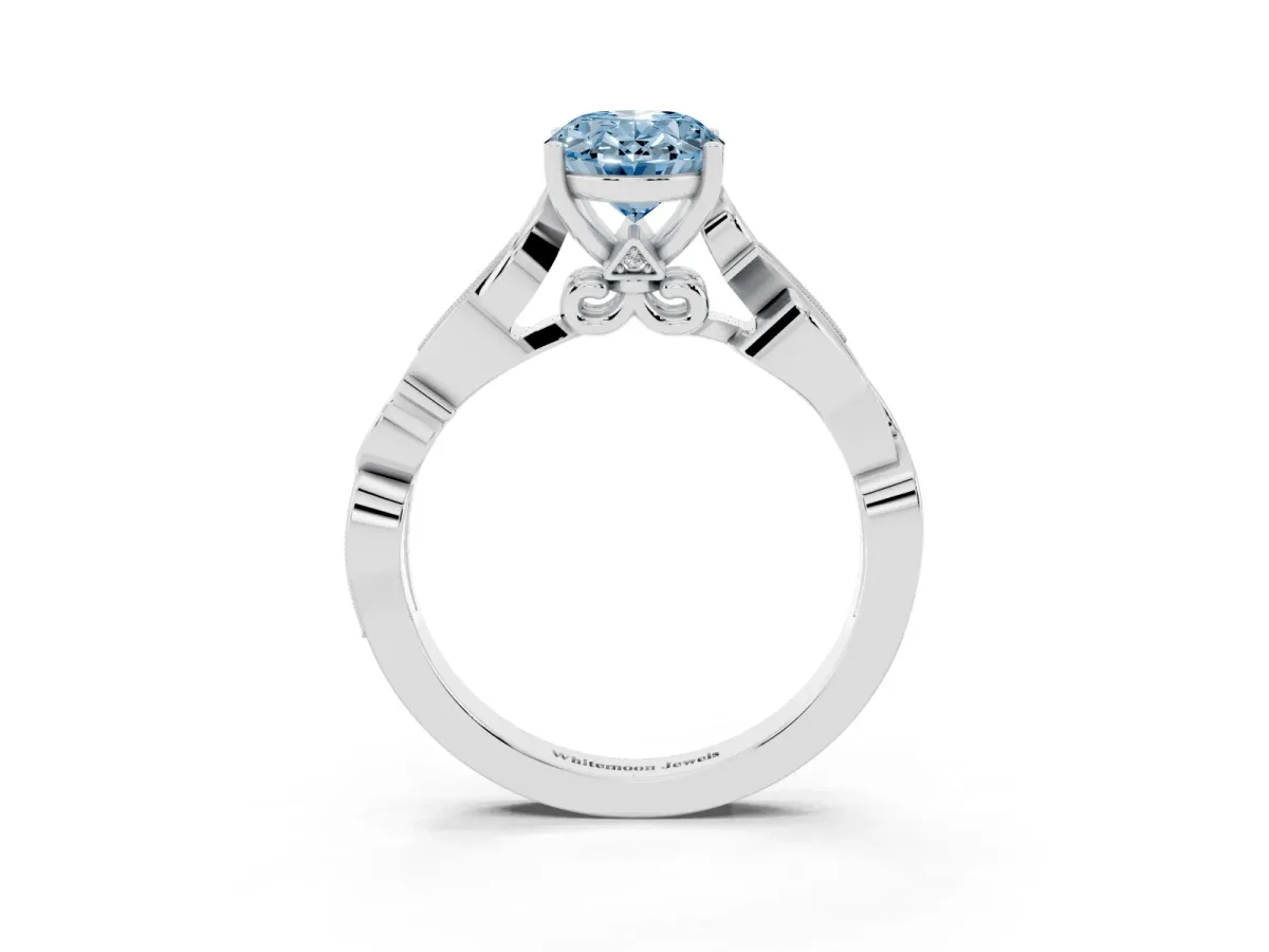 Fancy Blue Oval Cut Solitaire Vine Band with Milgrain Prong Setting White gold