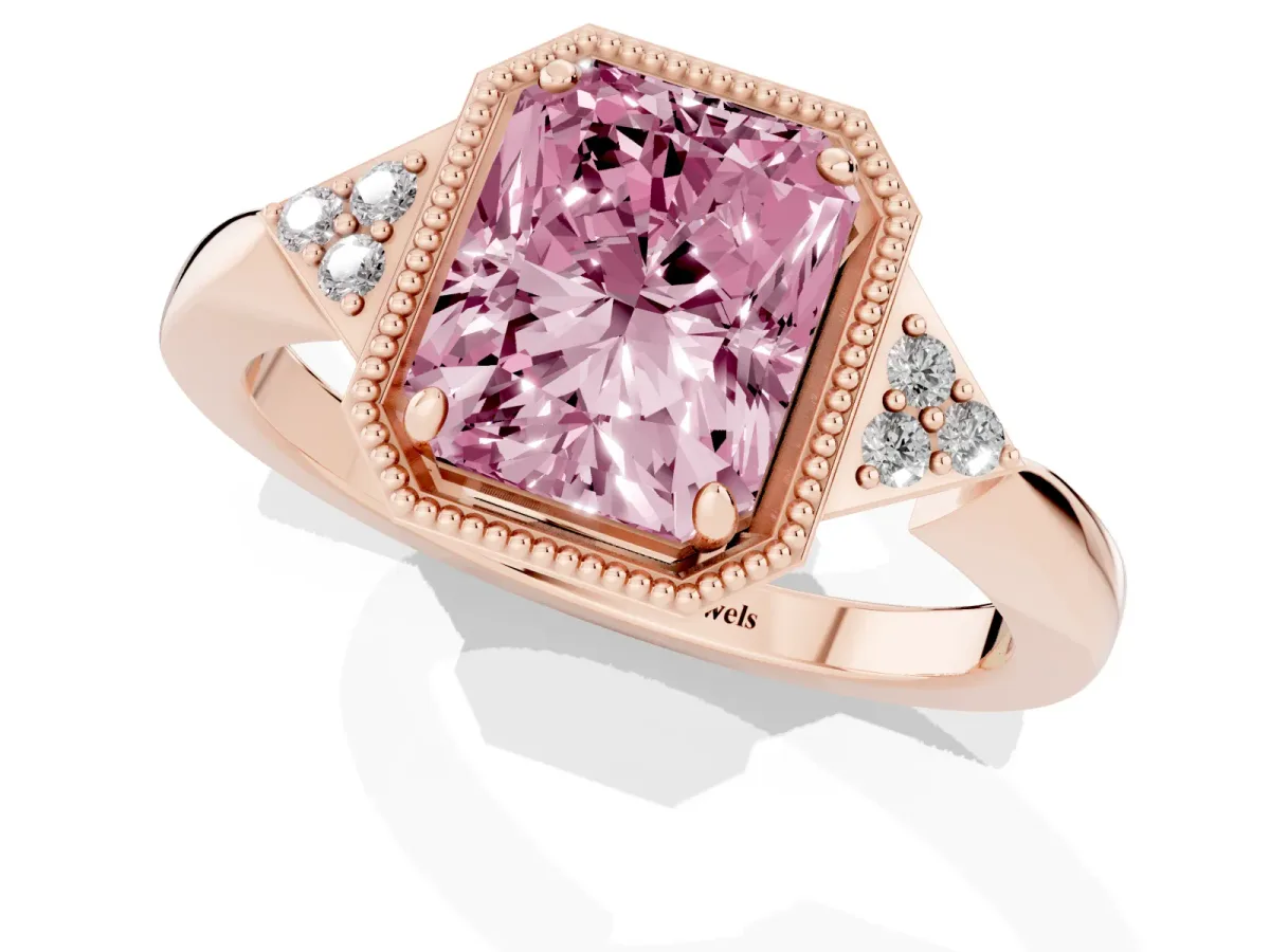 Fancy Pink Radiant Cut Diamond Halo Ring with Tapered Band and Four-Prong Setting Rose gold
