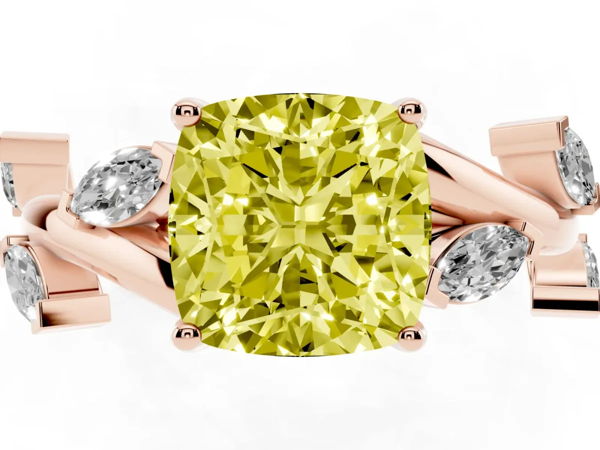 Fancy Yellow Cushion Cut Solitaire Twisted Band Marquise Accent Prong Setting Ring Rose gold