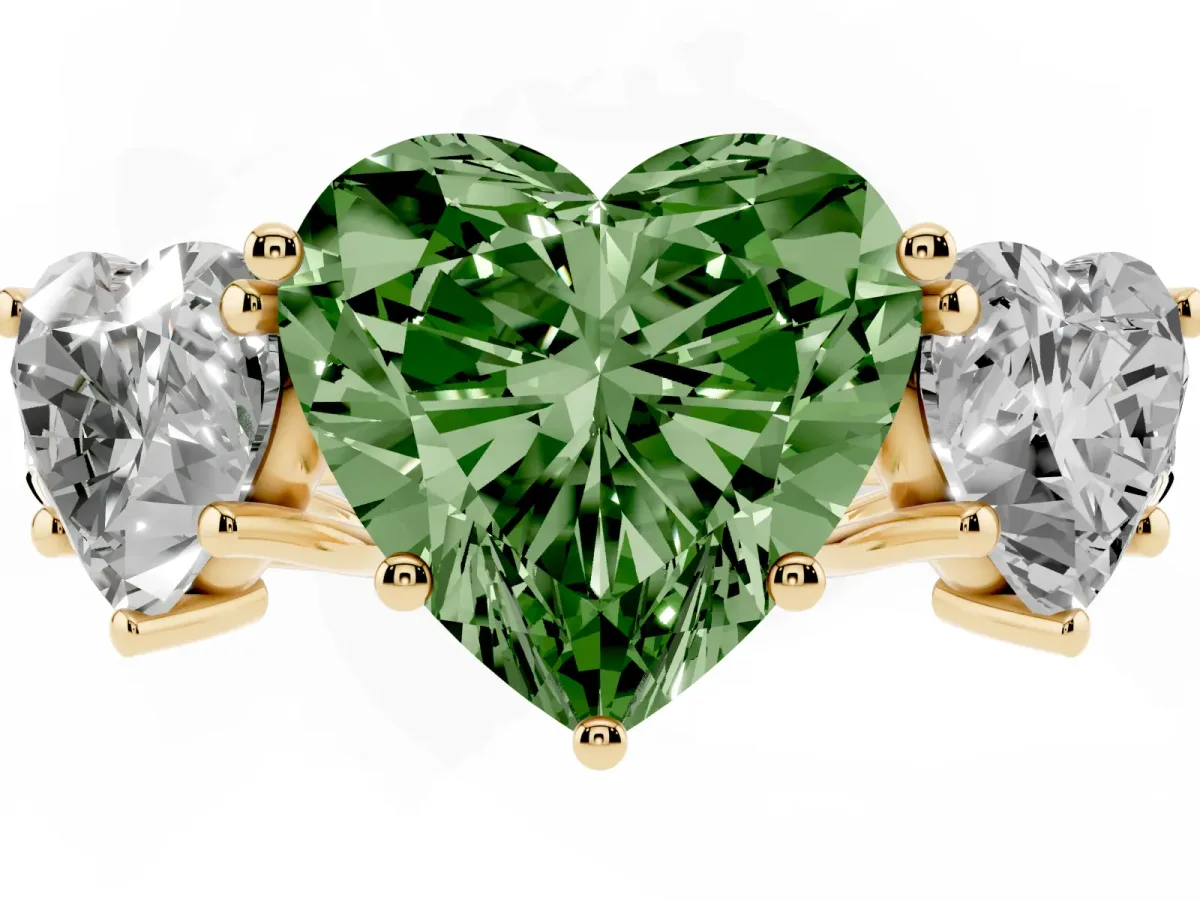Fancy Green Three-Stone Heart Cut Diamond Pavé Band with Prong Setting Yellow gold