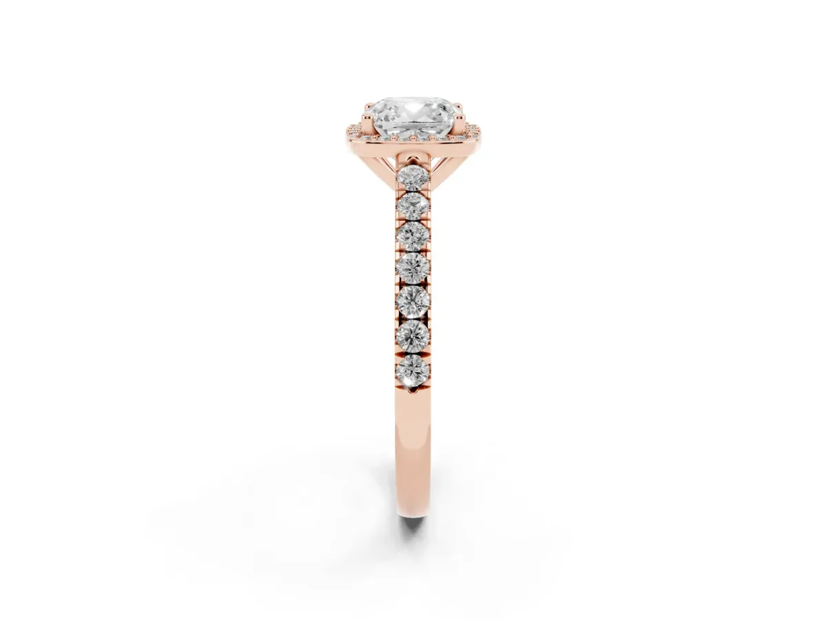Cushion Cut Cut Halo Diamond Engagement Ring with Pave Band and Four-Prong Setting Rose gold