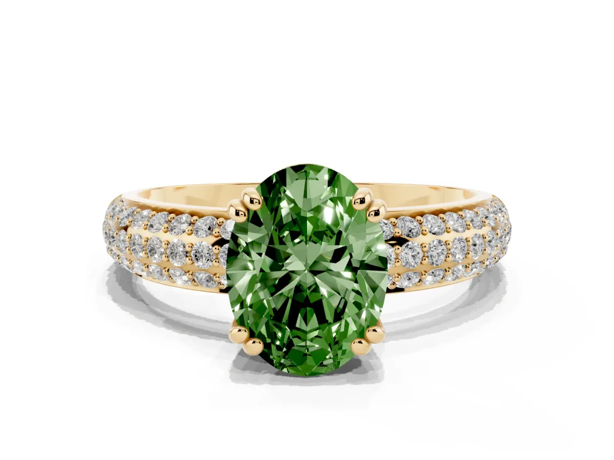 Fancy Green Oval Cut Diamond Solitaire Ring with Multi-Row Round Pavé Band and Prong Setting Yellow gold