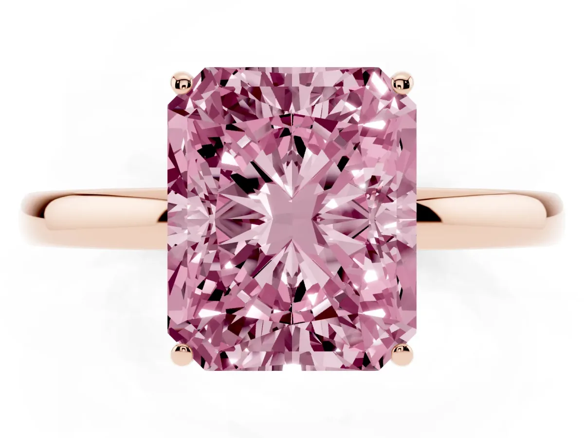 Fancy Pink Radiant Cut Solitaire Diamond Ring with Prong Setting and Plain Band Rose gold