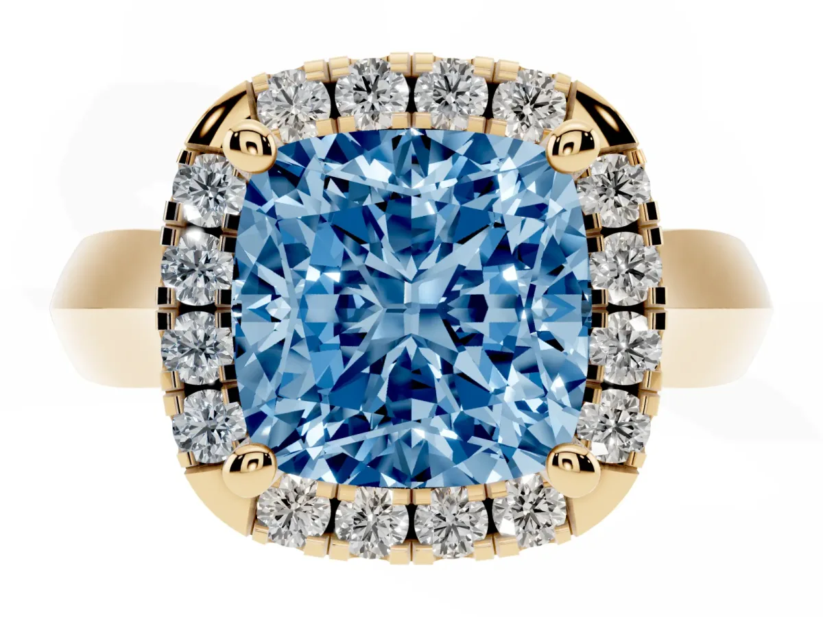 Fancy Blue Cushion Cut Cut Halo Solitaire Engagement Ring with Square Band and Four-Prong Setting Yellow gold