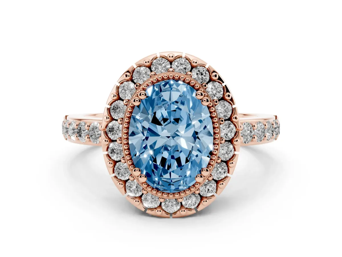 Fancy Blue Oval Cut Diamond Halo Ring with Pavé Band and Prong Setting Rose gold