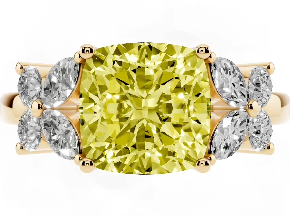 Fancy Yellow Cushion Cut Diamond Floral Cluster Ring with Solitaire Band and Prong Setting Yellow gold