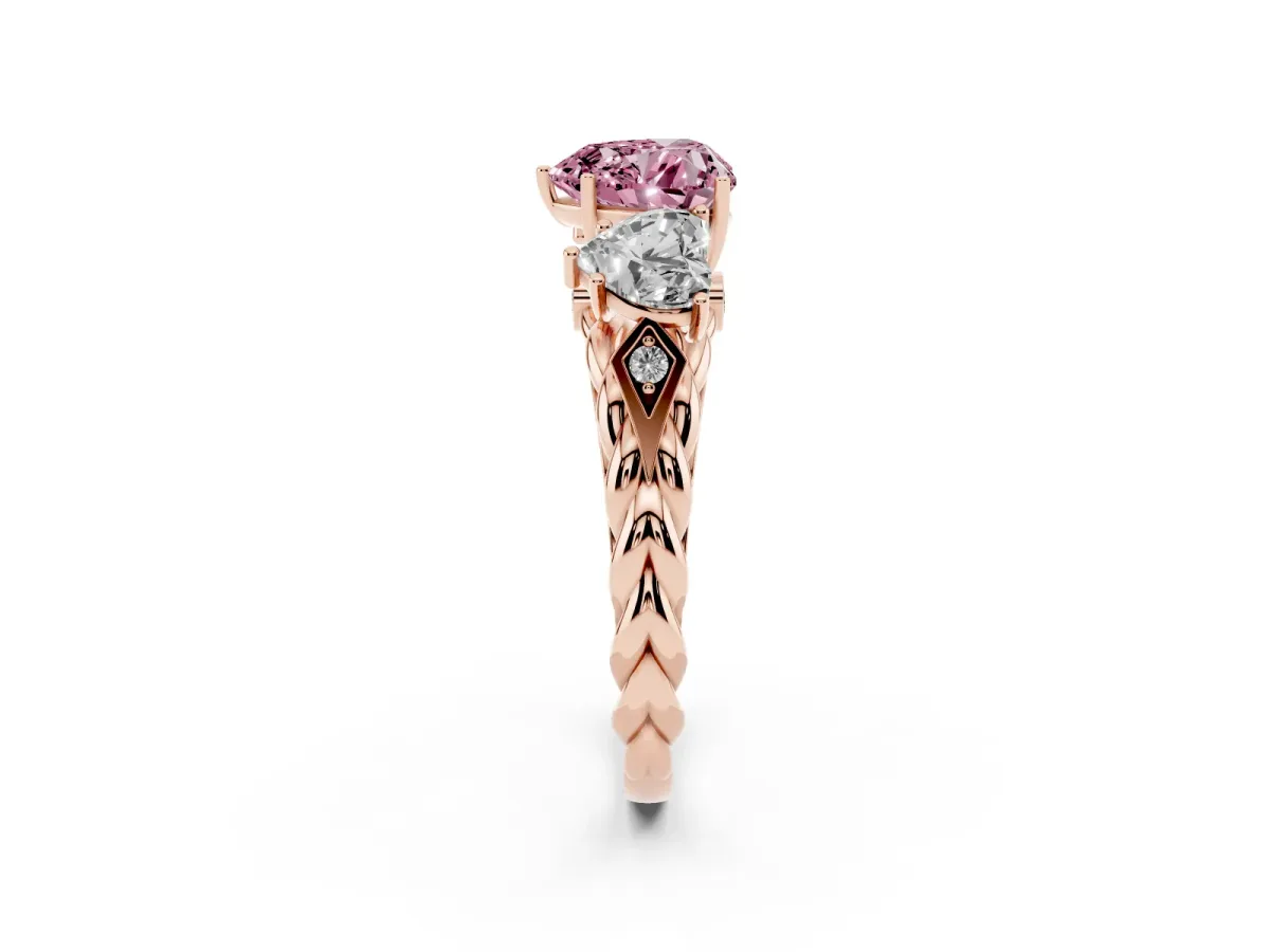 Fancy Pink Three-Stone Heart Cut Diamond Braided Band Ring with Four-Prong Setting Rose gold