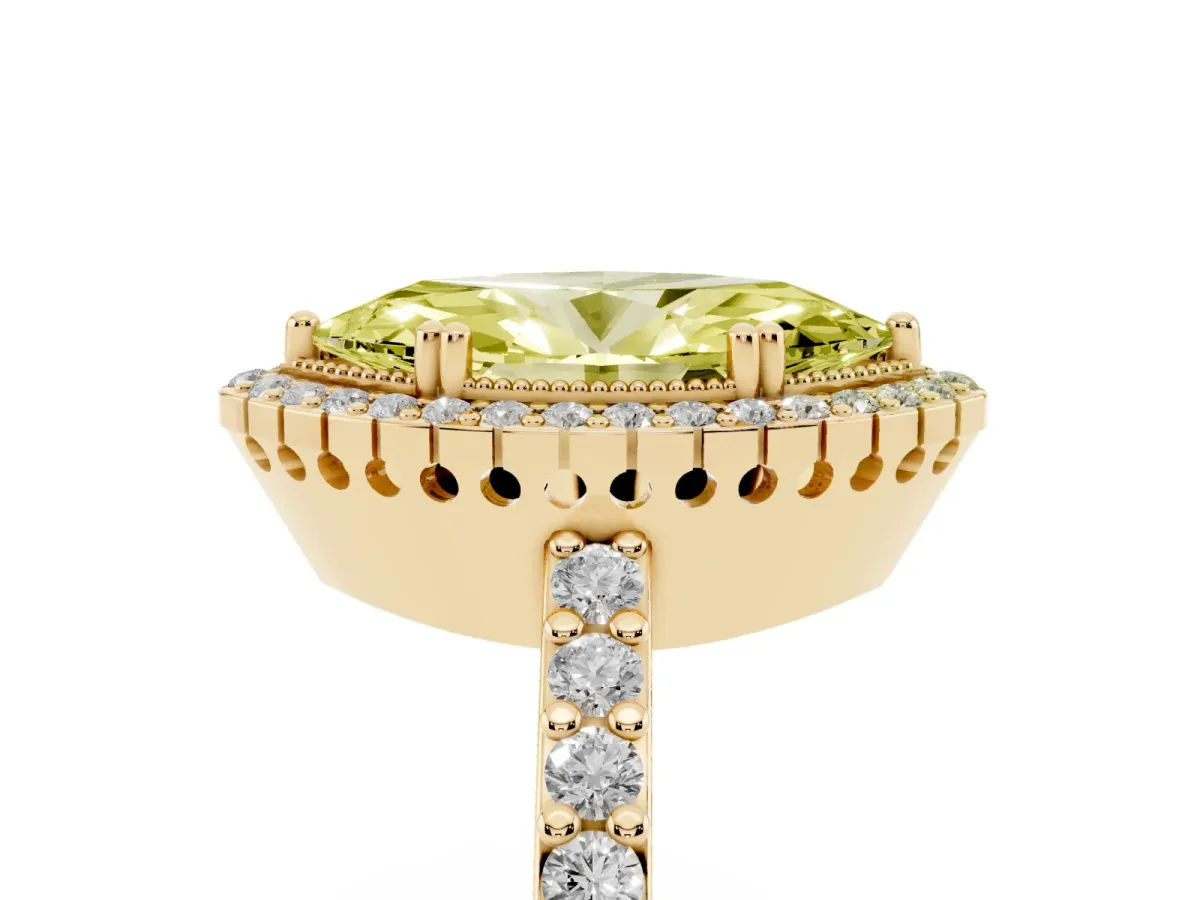 Fancy Yellow Marquise Cut Cut Diamond Halo Engagement Ring with Milgrain Detail and Pavé Band Yellow gold