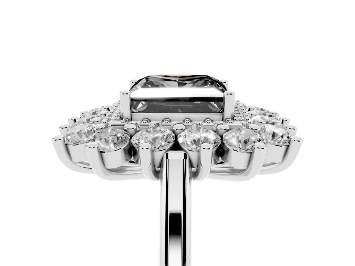 Fancy Black Princess Cut Diamond Floral Double Halo Engagement Ring with Prong Setting Silver