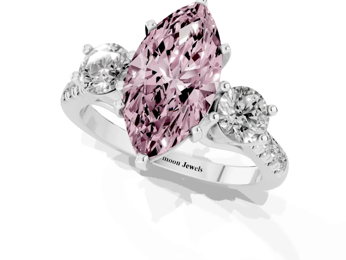 Fancy Pink Three-Stone Marquise Cut Diamond Pavé Band with Four-Prong Setting Silver