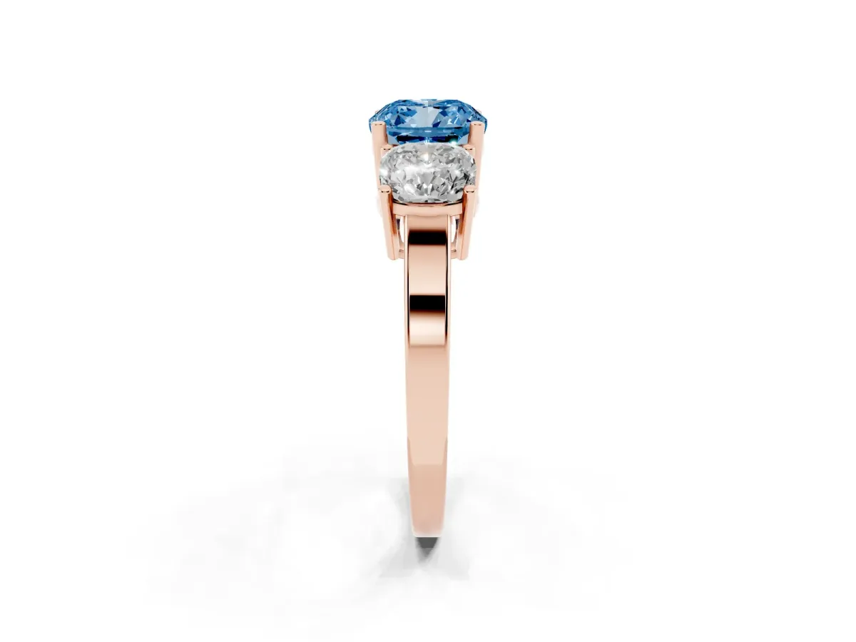 Fancy Blue Three-Stone Cushion Cut Cut Diamond Engagement Ring with Flat Band and Four-Prong Setting Rose gold