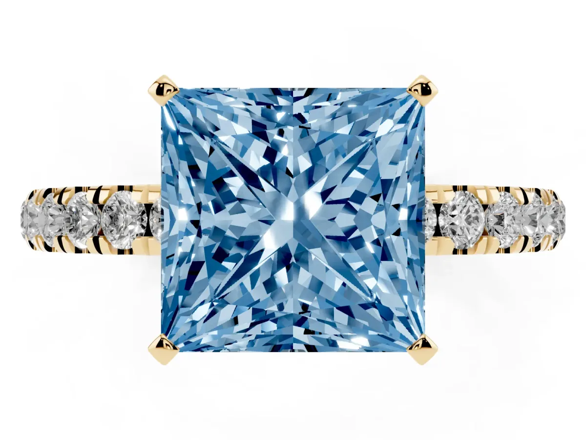 Fancy Blue Princess Cut Diamond Solitaire Ring with Pavé Accents and Four-Prong Setting Yellow gold