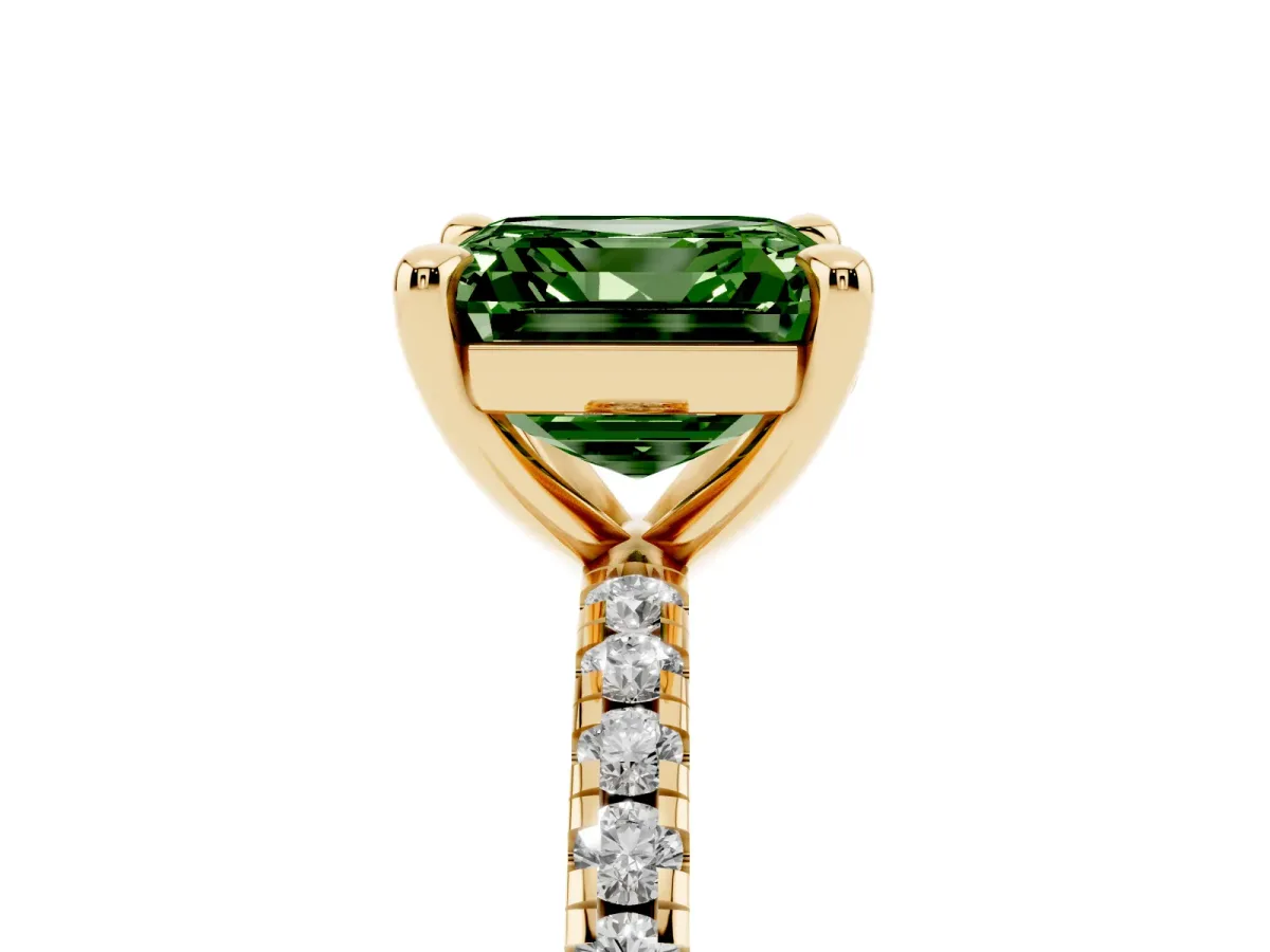 Fancy Green Asscher Cut Diamond Brilliant Solitaire Ring with Pavé Band and Four-Prong Setting Yellow gold