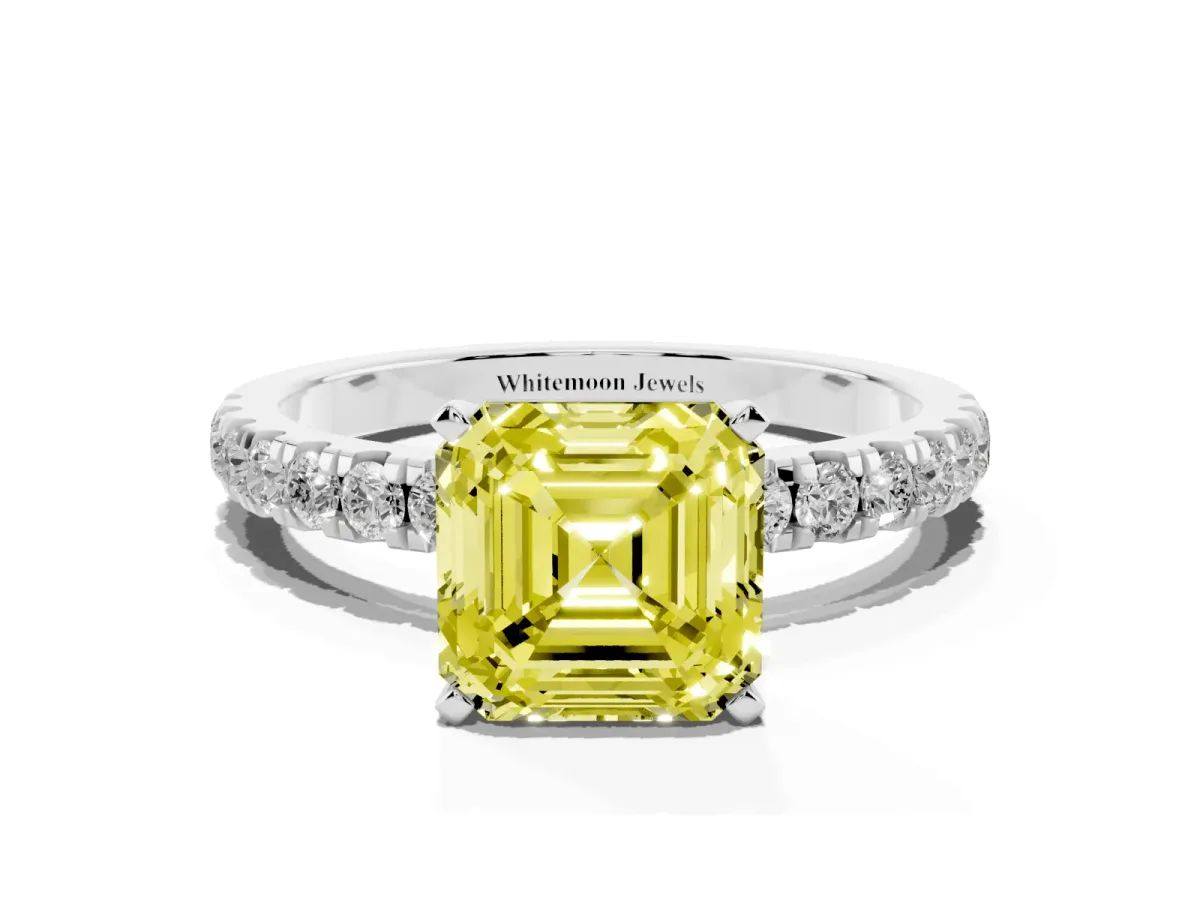 Fancy Yellow Asscher Cut Diamond Solitaire Ring with Pavé Accents and Four-Prong Setting Silver