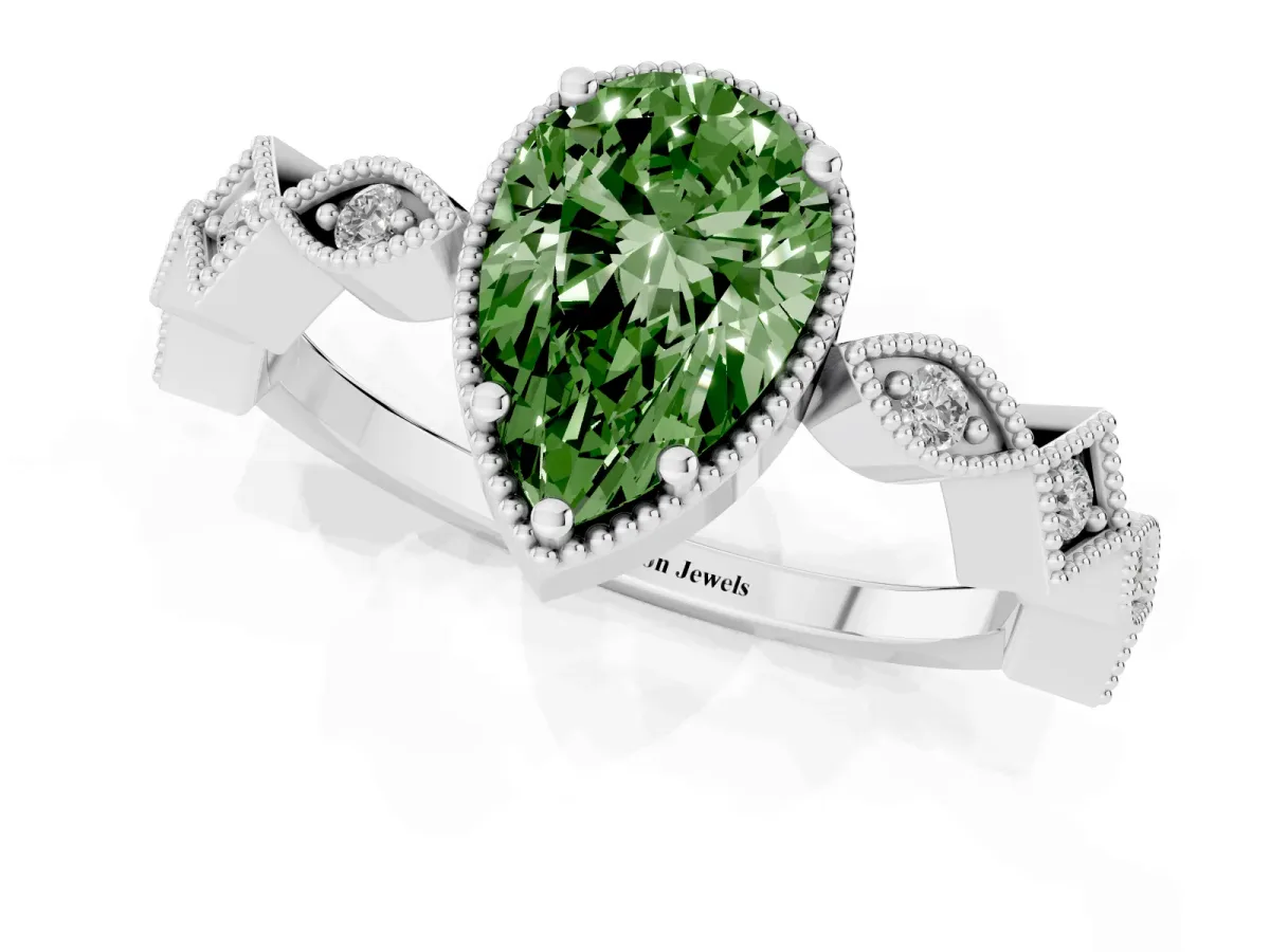 Fancy Green Pear Cut Milgrain Marquise Diamond Twist Band Ring Silver
