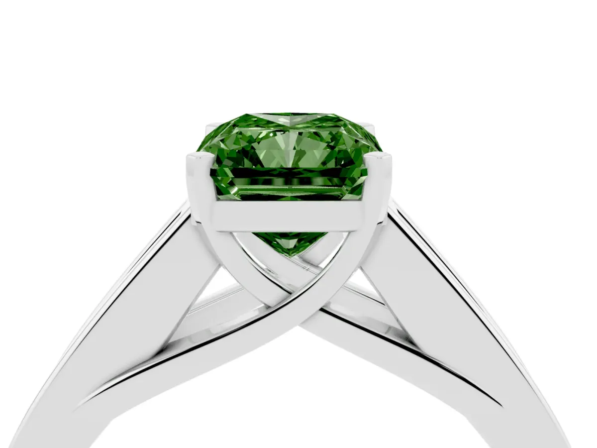 Fancy Green Radiant Cut Cut Channel Set Solitaire Ring with Four-Prong Setting Silver