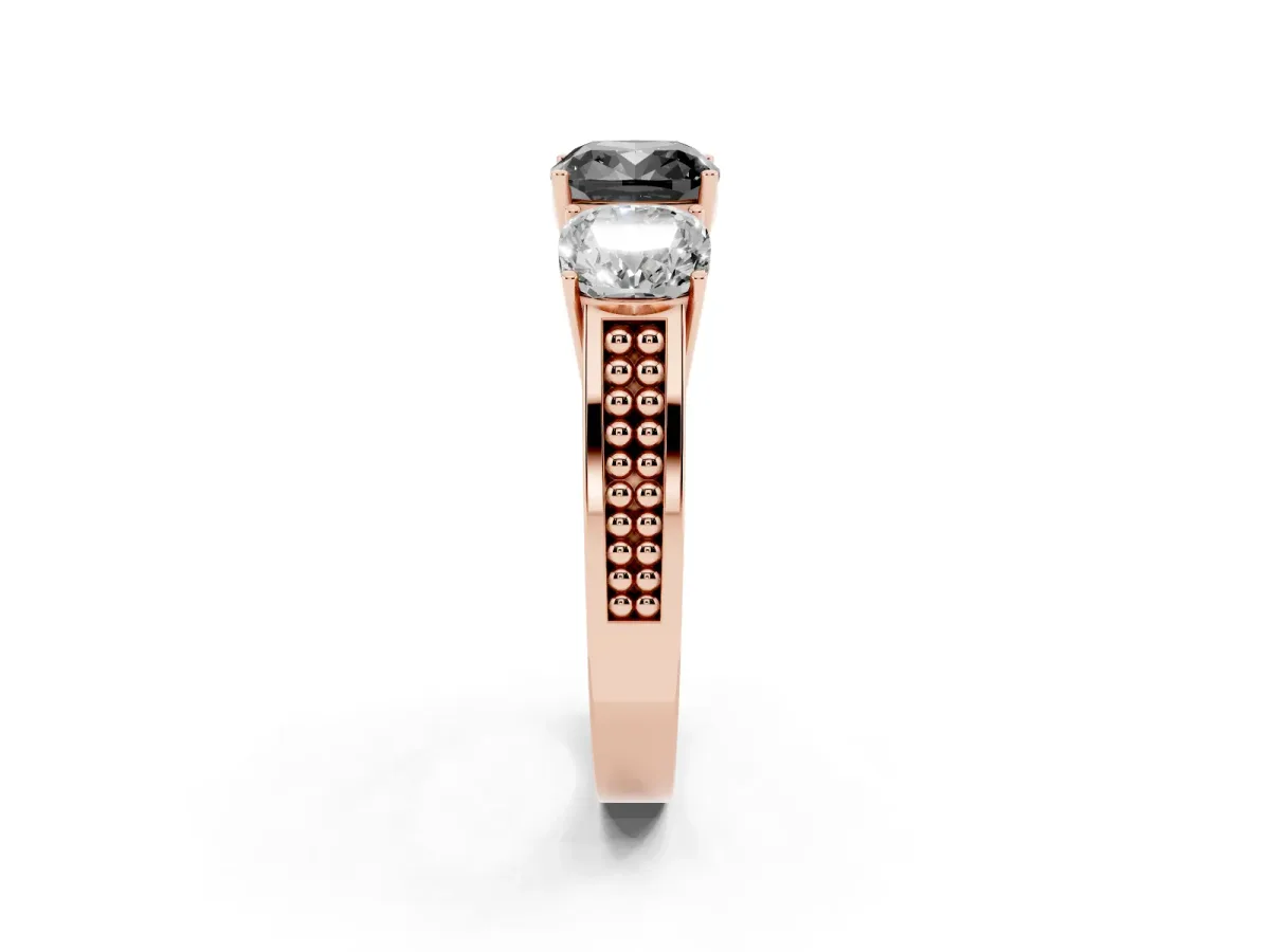 Fancy Black Cushion Cut Diamond Three-Stone Ring with Prong Setting and Textured Band Rose gold
