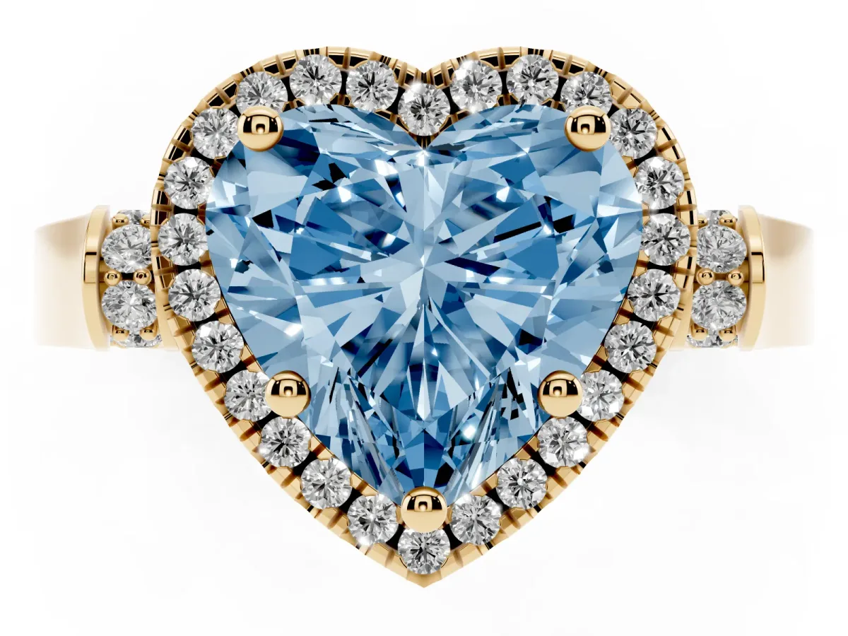Fancy Blue Heart Cut Halo Round Diamond Twist Band with Four-Prong Setting Yellow gold
