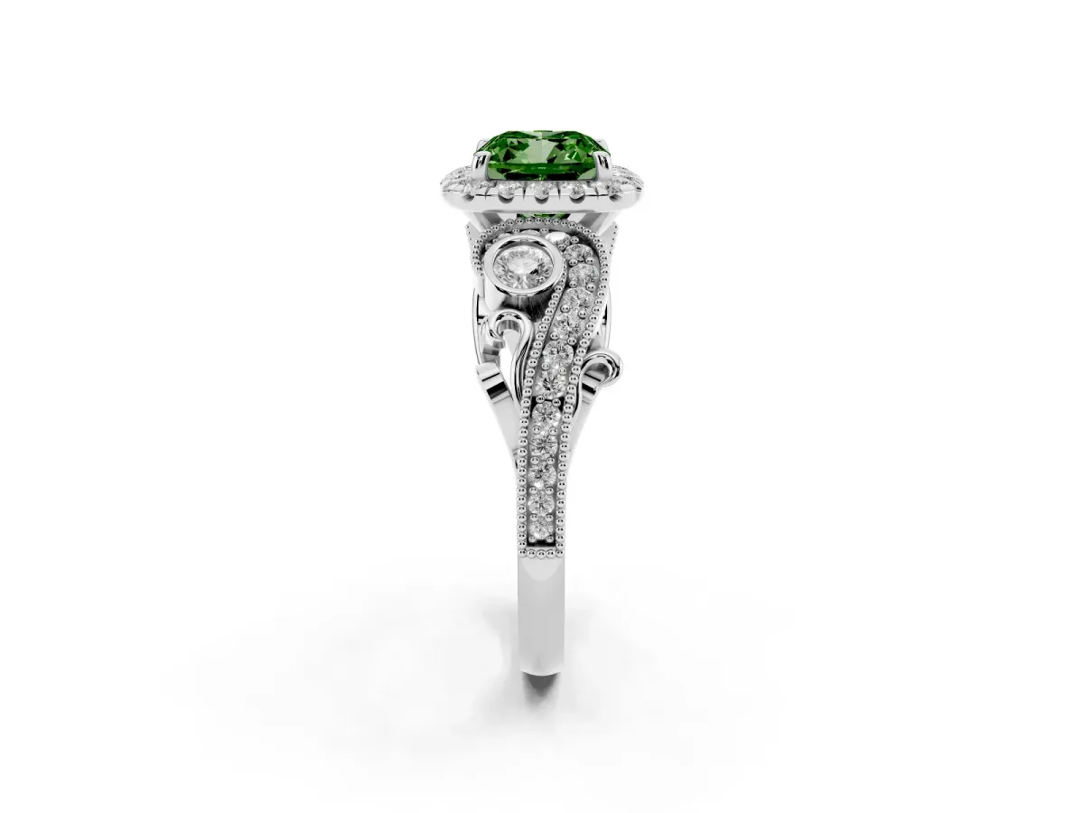 Fancy Green Cushion Cut Halo Diamond Ring with Milgrain and Bezel Accents on a Split Shank Band White gold