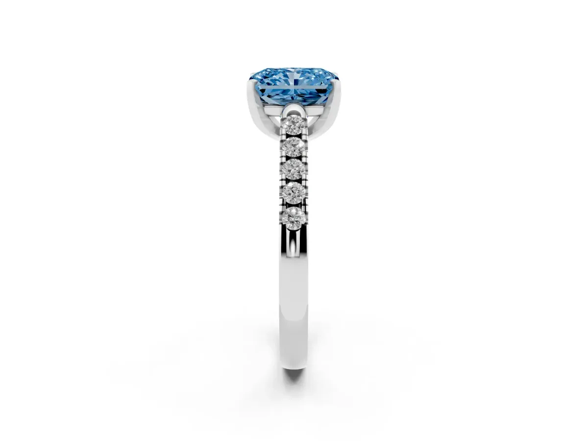 Fancy Blue Radiant Cut Diamond Pavé Band Solitaire Ring with Prong Setting Silver