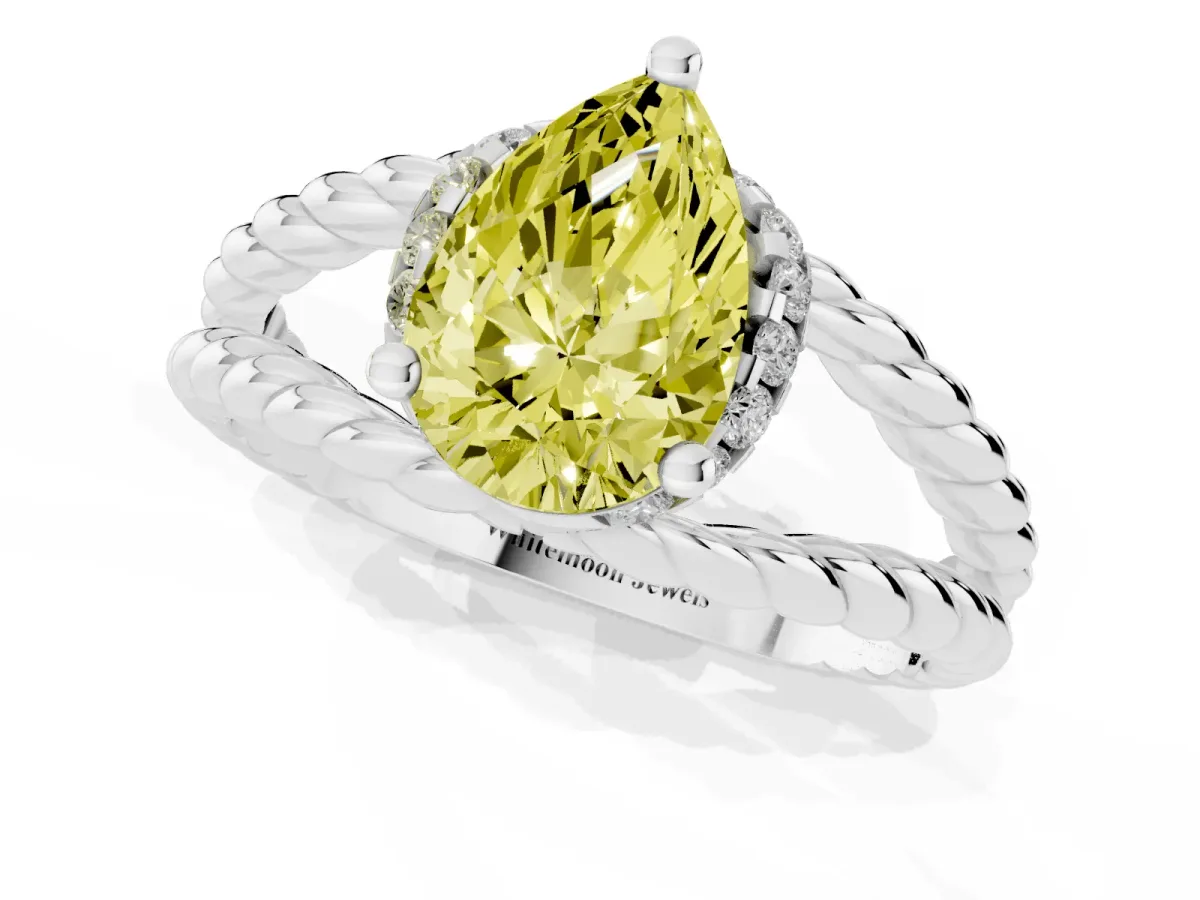 Fancy Yellow Pear Cut Halo Twisted Band Four-Prong Ring Silver