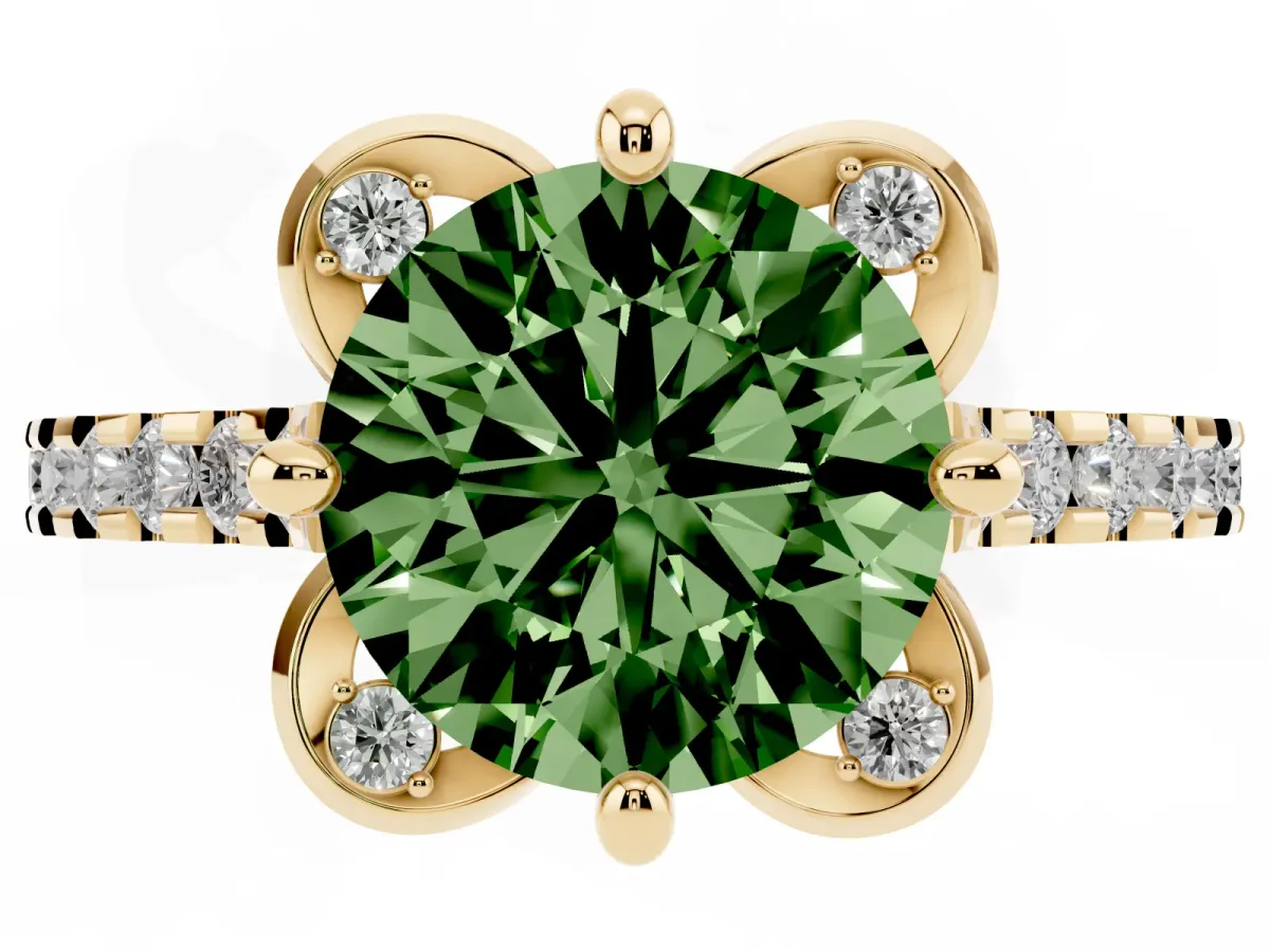Fancy Green Round Cut Diamond Ring with Pavé Band and Floral Prong Setting Yellow gold