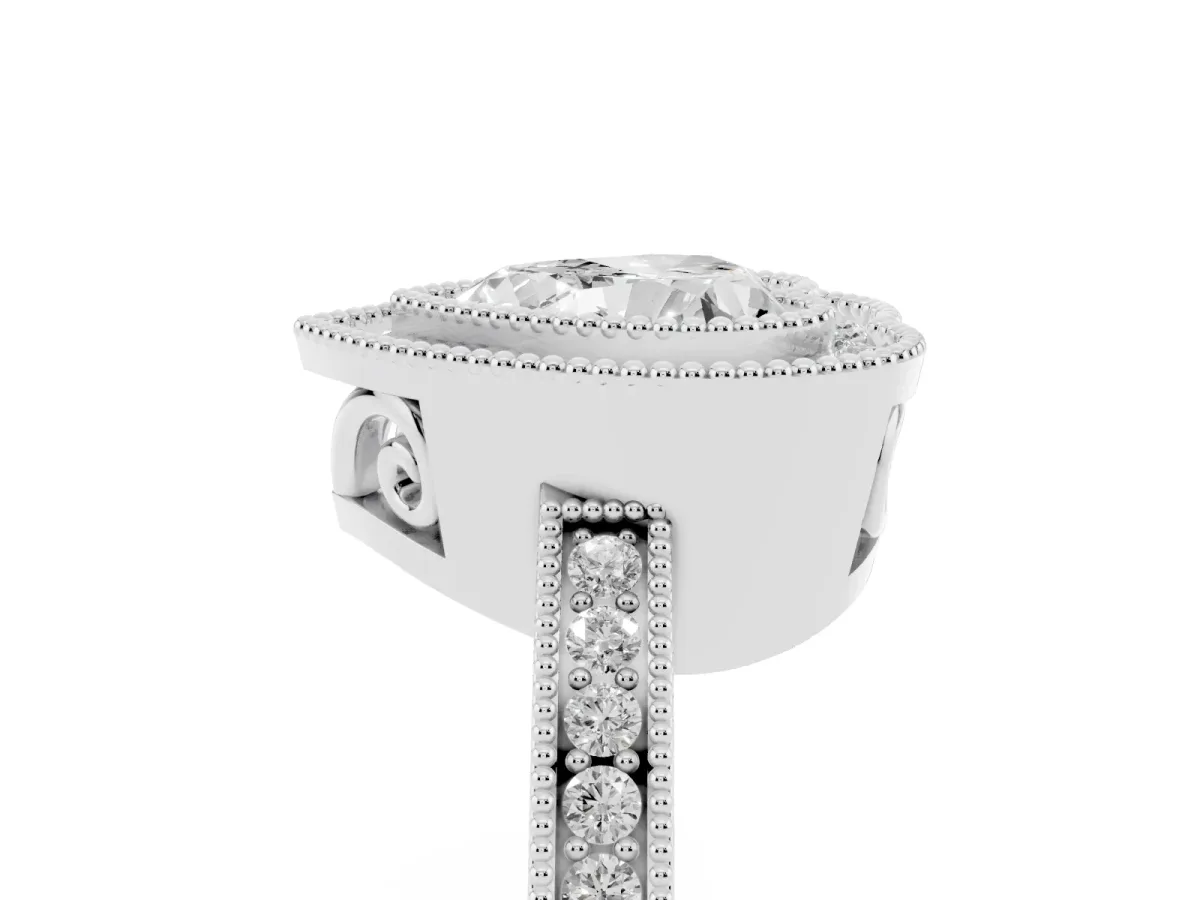 Heart Cut Cut Halo Diamond Ring with Pavé Band and Milgrain Prong Setting White gold