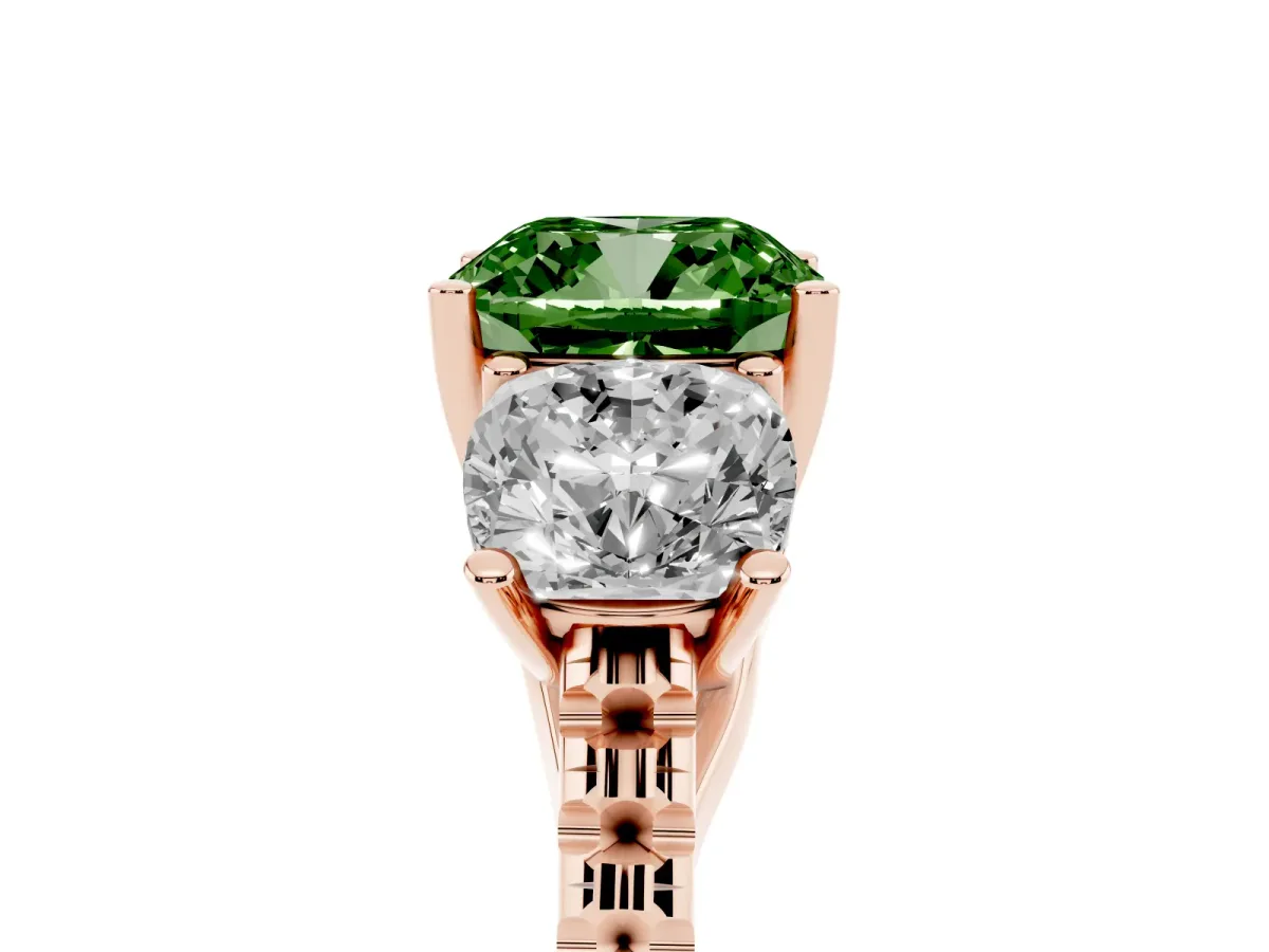 Fancy Green Three-Stone Cushion Cut Diamond Ring with Round Pavé Band and Prong Setting Rose gold