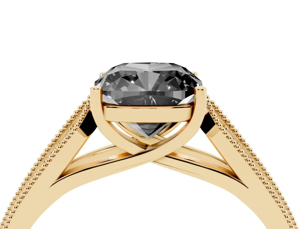 Fancy Black Cushion Cut Cut Pave Split Shank Engagement Ring with Four-Prong Setting Yellow gold