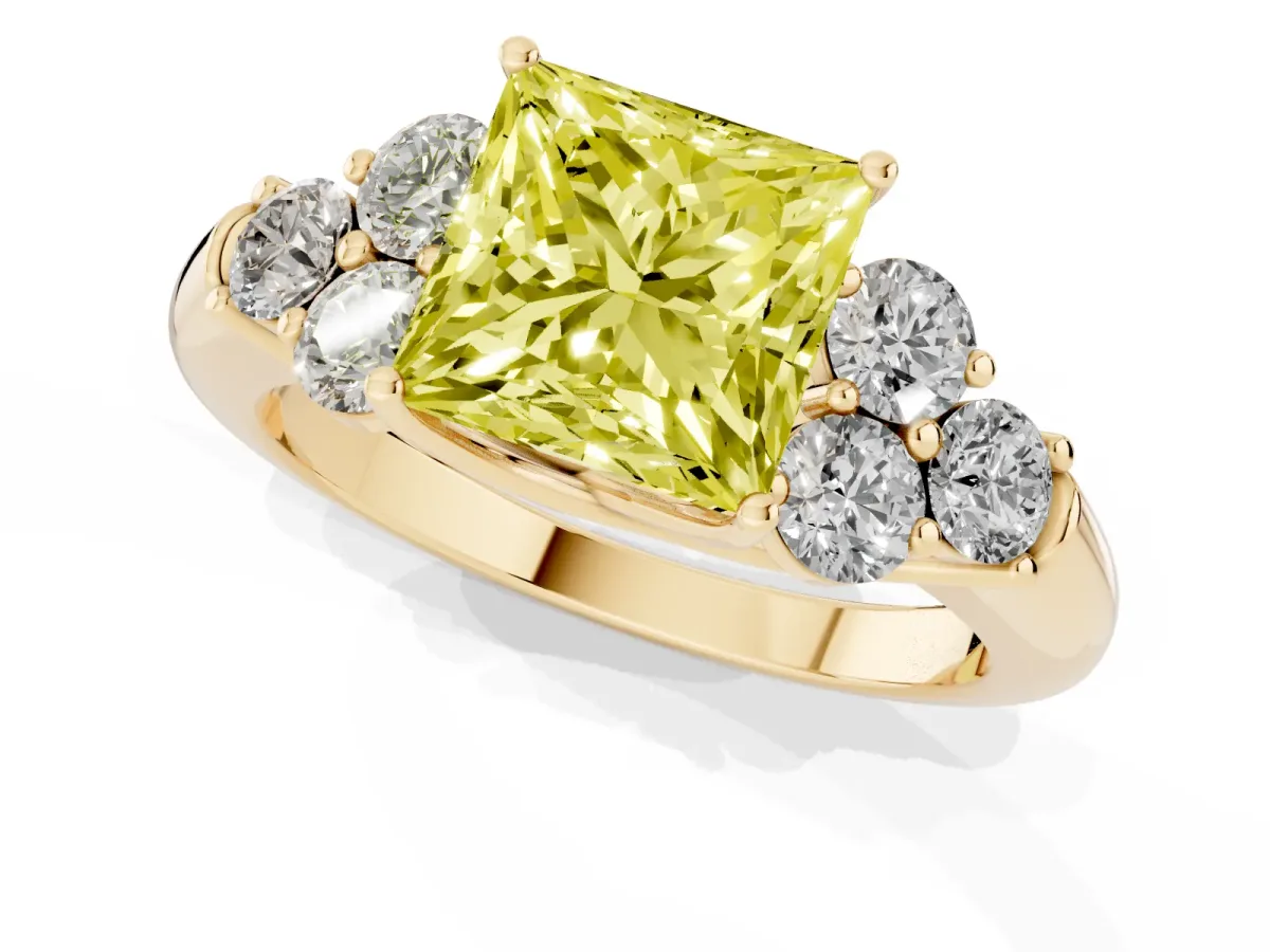 Fancy Yellow Princess Cut Cut Diamond Cluster Ring with Round Accent Stones and Prong Setting on a Classic Band Yellow gold