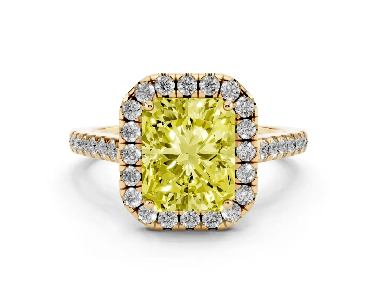 Fancy Yellow Radiant Cut Halo Pavé Diamond Engagement Ring with Four-Prong Setting Yellow gold