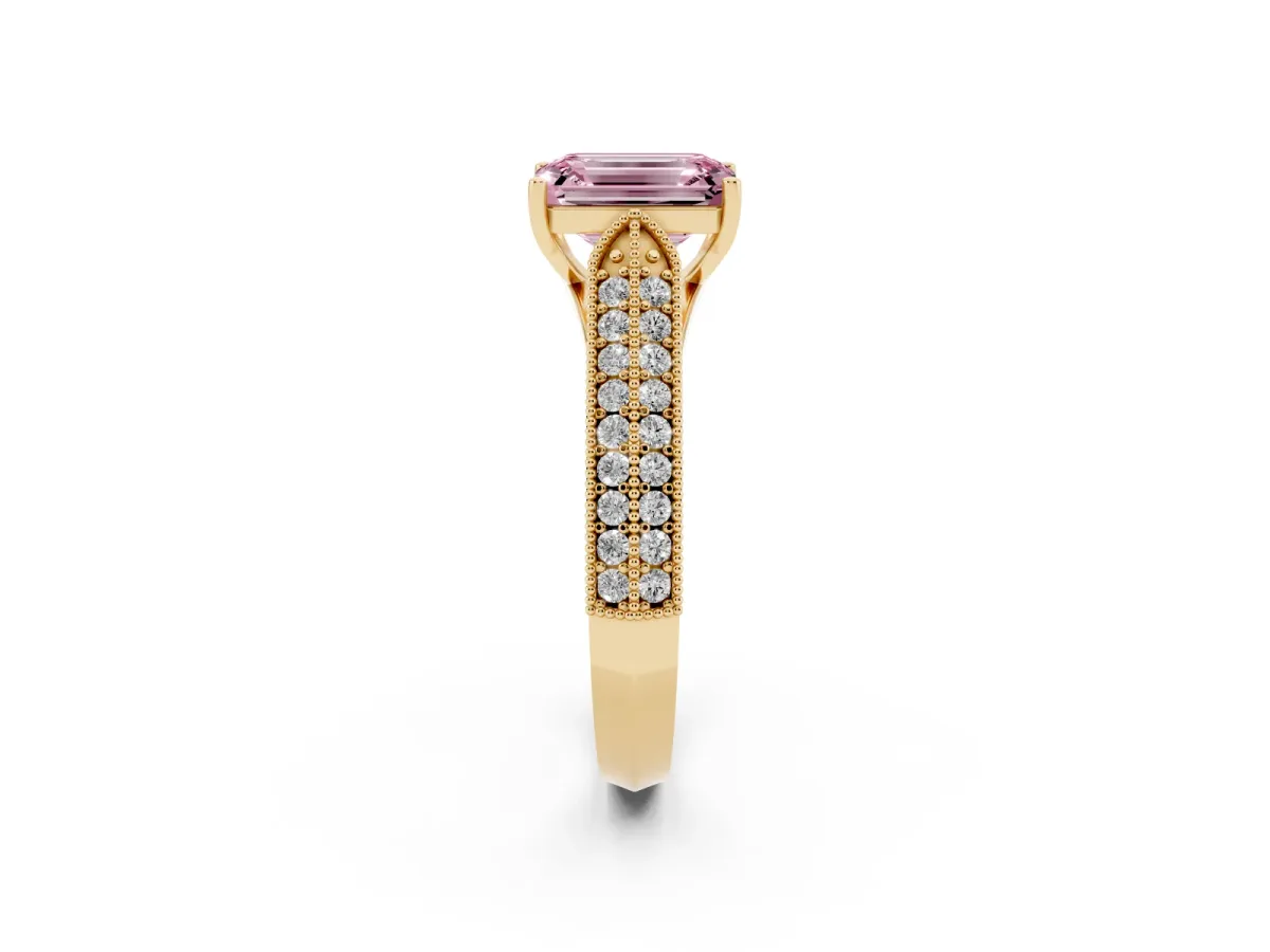 Fancy Pink Emerald Cut Cut Pave Split Shank Engagement Ring with Four-Prong Setting Yellow gold