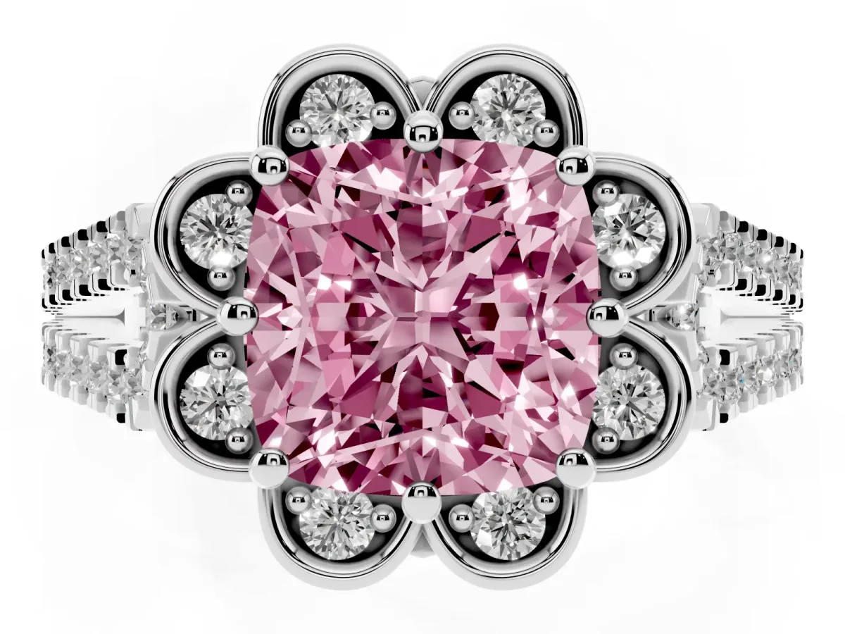 Fancy Pink Cushion Cut Halo Diamond Floral Split Shank Engagement Ring Silver