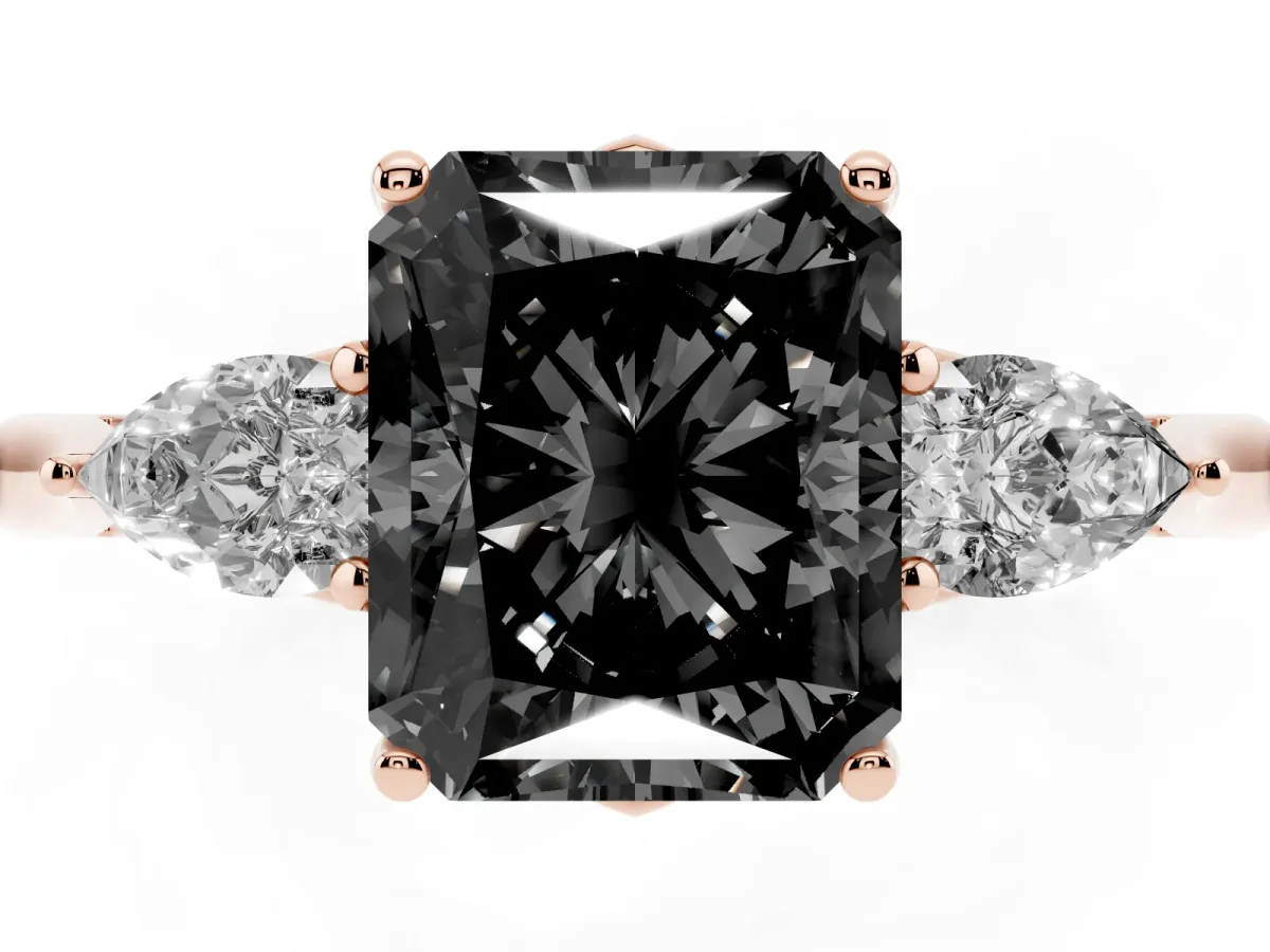 Fancy Black Radiant Cut Diamond Three-Stone Ring with Pear Side Stones and Prong Setting Rose gold