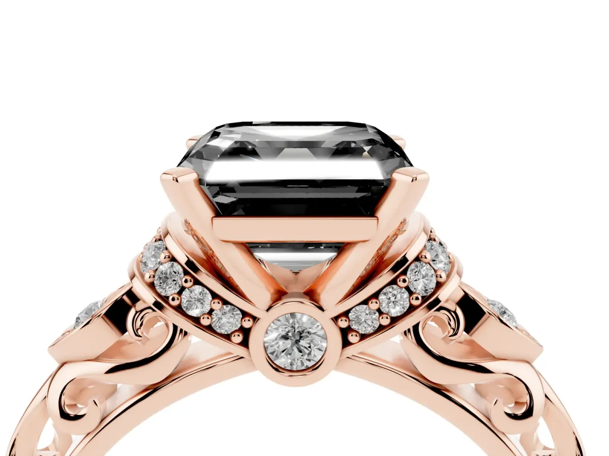 Fancy Black Asscher Cut Diamond Solitaire Ring with Filigree Band and Four-Prong Setting Rose gold