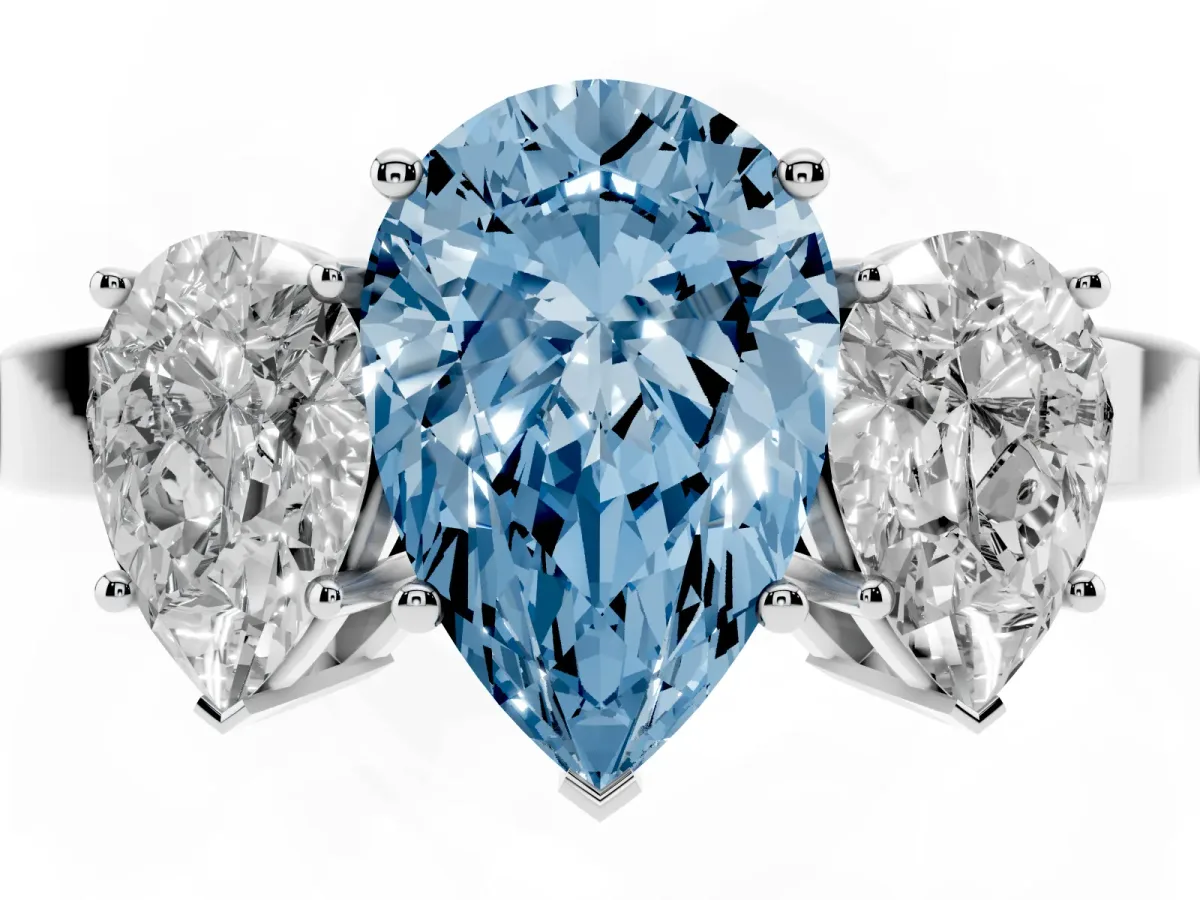 Fancy Blue Three-Stone Pear Cut Cut Diamond Engagement Ring with Flat Band and Four-Prong Setting Platinum