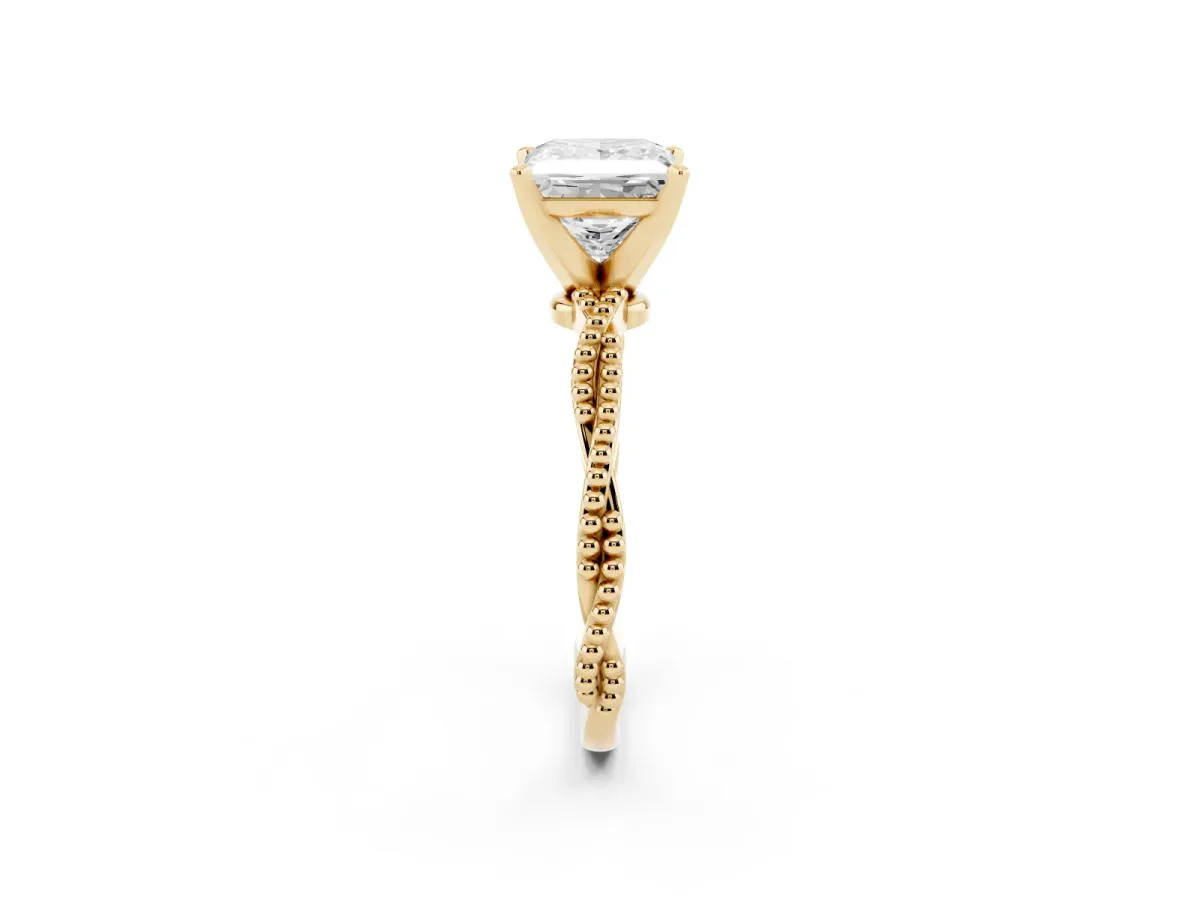 Princess Cut Solitaire Twisted Band with Bead Prong Setting Yellow gold